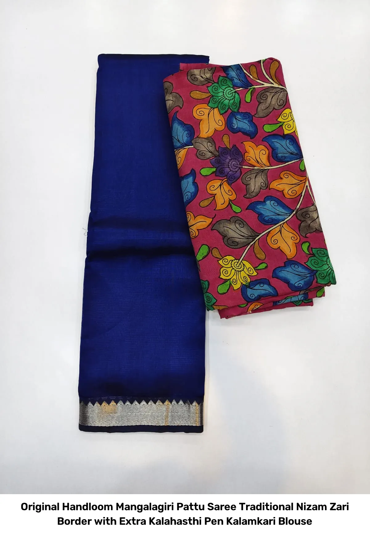 Original Handloom Mangalagiri Pattu Saree – Traditional Nizam Zari Border with Extra Kalahasthi Pen Kalamkari Blouse 10