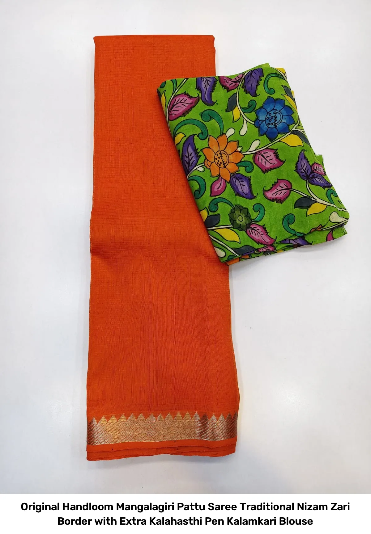 Original Handloom Mangalagiri Pattu Saree – Traditional Nizam Zari Border with Extra Kalahasthi Pen Kalamkari Blouse 11