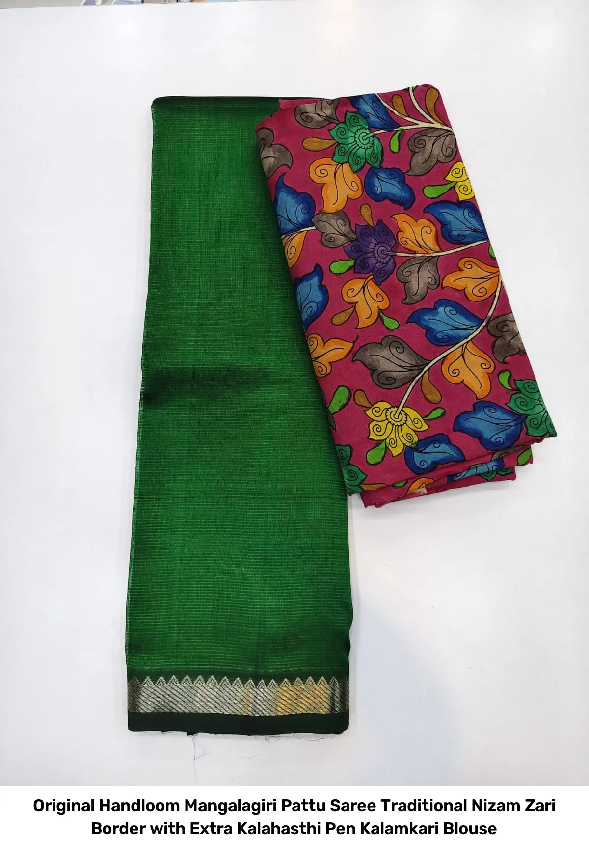 Original Handloom Mangalagiri Pattu Saree – Traditional Nizam Zari Border with Extra Kalahasthi Pen Kalamkari Blouse 12