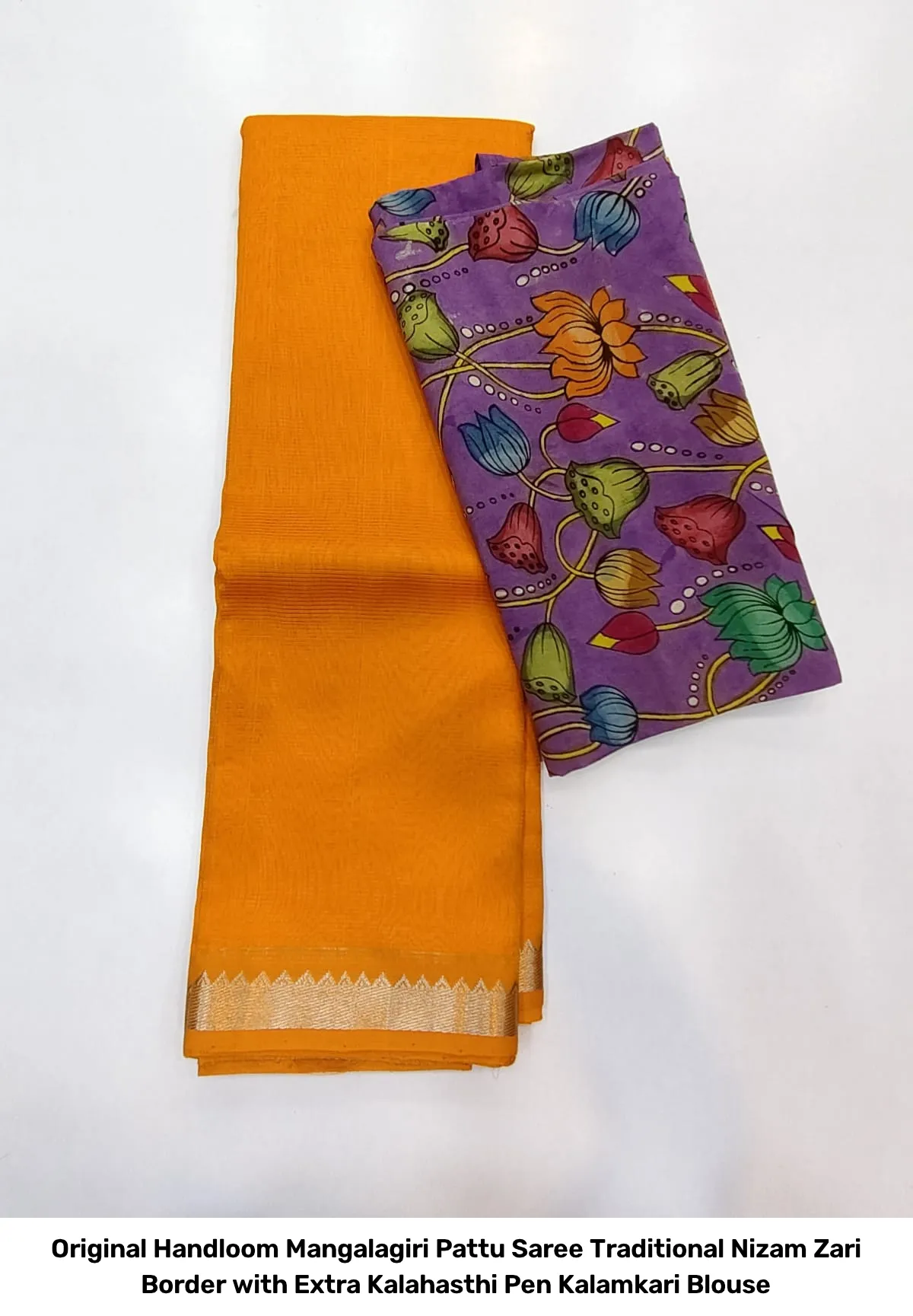 Original Handloom Mangalagiri Pattu Saree – Traditional Nizam Zari Border with Extra Kalahasthi Pen Kalamkari Blouse 13