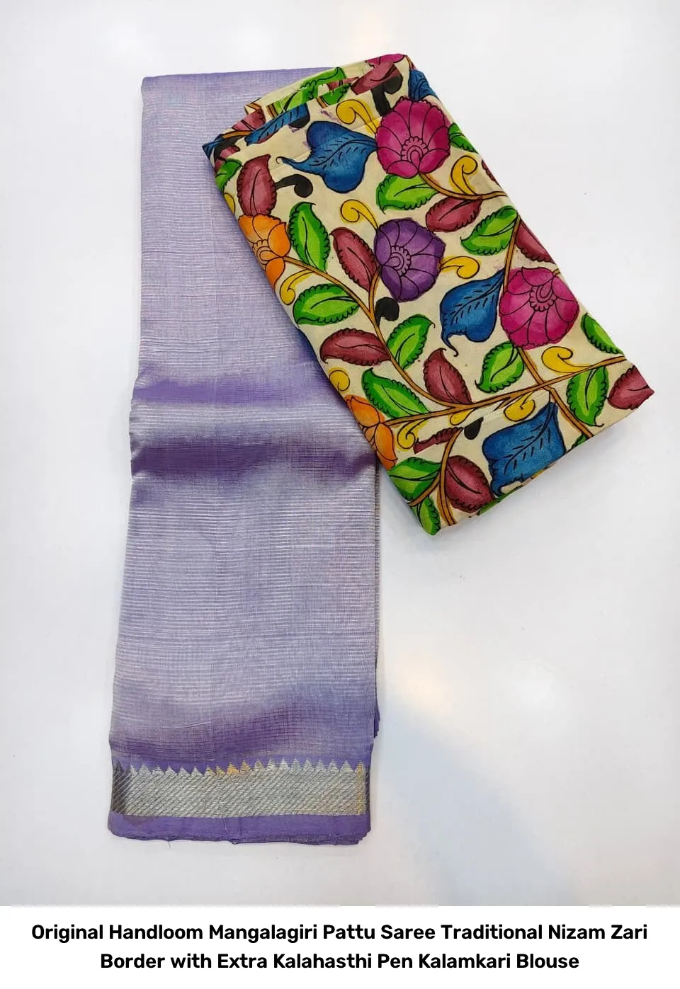 Original Handloom Mangalagiri Pattu Saree – Traditional Nizam Zari Border with Extra Kalahasthi Pen Kalamkari Blouse 14