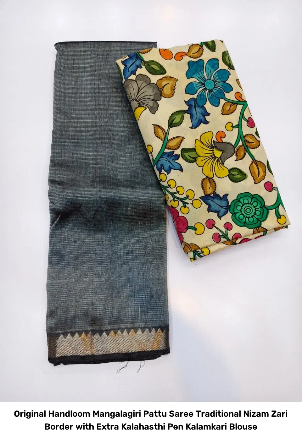 Original Handloom Mangalagiri Pattu Saree – Traditional Nizam Zari Border with Extra Kalahasthi Pen Kalamkari Blouse 15