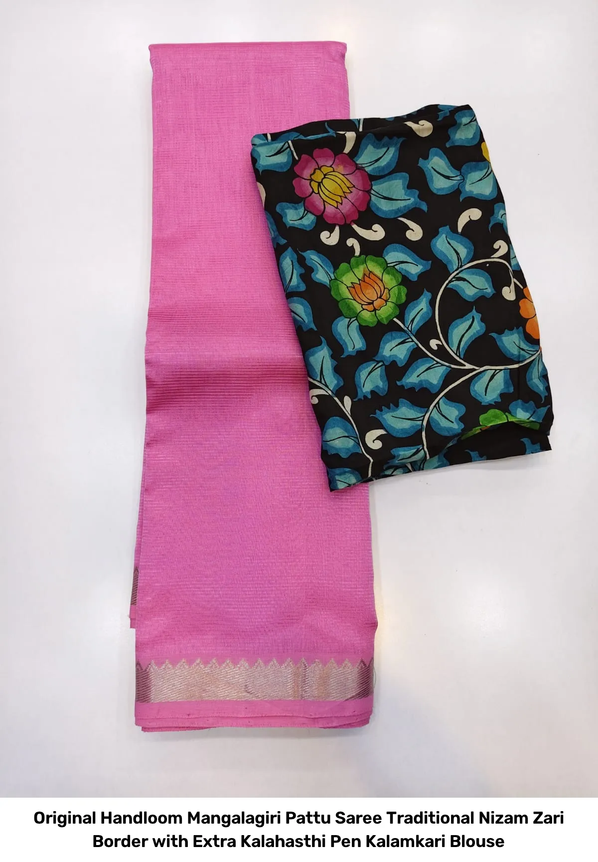 Original Handloom Mangalagiri Pattu Saree – Traditional Nizam Zari Border with Extra Kalahasthi Pen Kalamkari Blouse 16