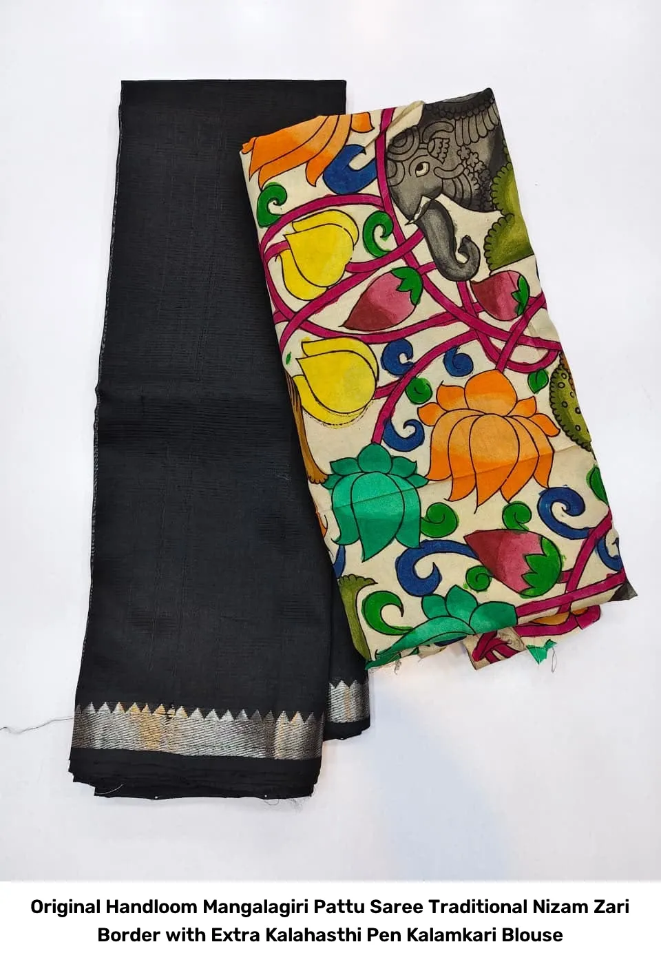 Original Handloom Mangalagiri Pattu Saree – Traditional Nizam Zari Border with Extra Kalahasthi Pen Kalamkari Blouse 17