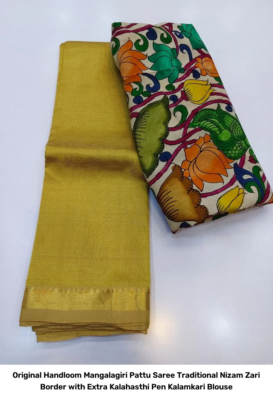 Original Handloom Mangalagiri Pattu Saree – Traditional Nizam Zari Border with Extra Kalahasthi Pen Kalamkari Blouse 18