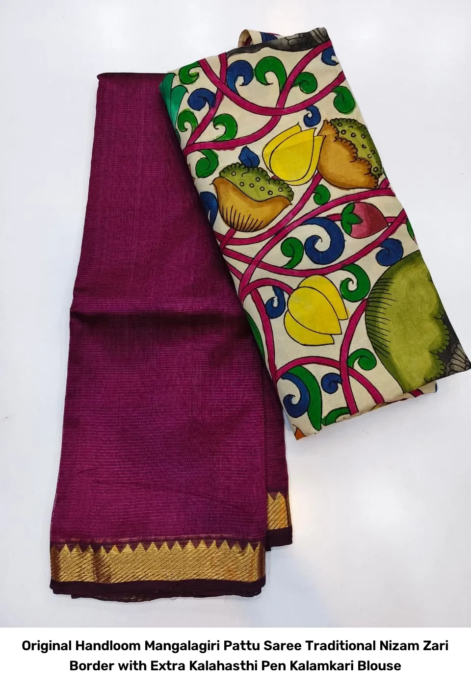 Original Handloom Mangalagiri Pattu Saree – Traditional Nizam Zari Border with Extra Kalahasthi Pen Kalamkari Blouse 2