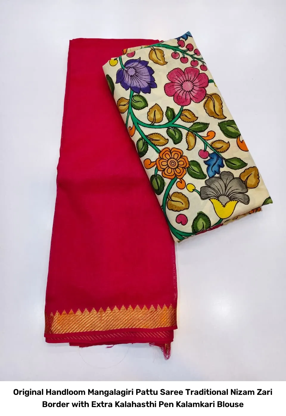 Original Handloom Mangalagiri Pattu Saree – Traditional Nizam Zari Border with Extra Kalahasthi Pen Kalamkari Blouse 3