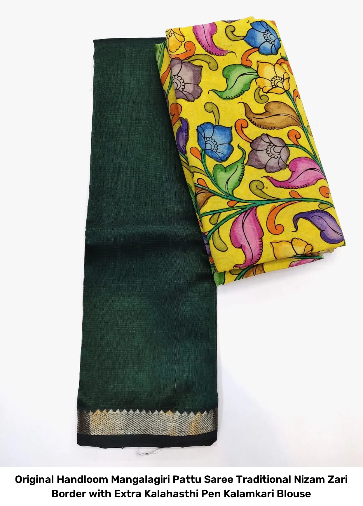 Original Handloom Mangalagiri Pattu Saree – Traditional Nizam Zari Border with Extra Kalahasthi Pen Kalamkari Blouse 4