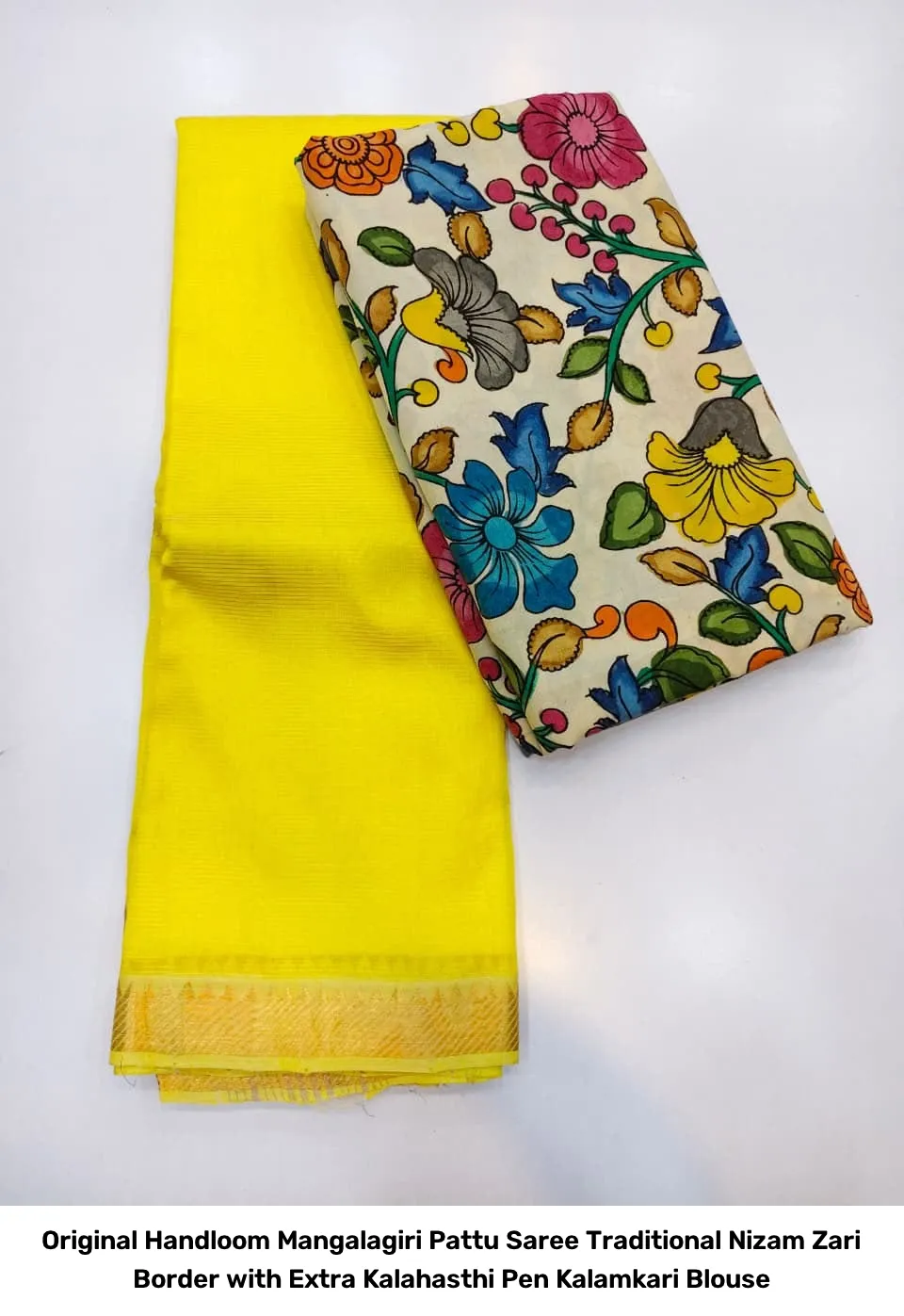 Original Handloom Mangalagiri Pattu Saree – Traditional Nizam Zari Border with Extra Kalahasthi Pen Kalamkari Blouse 5