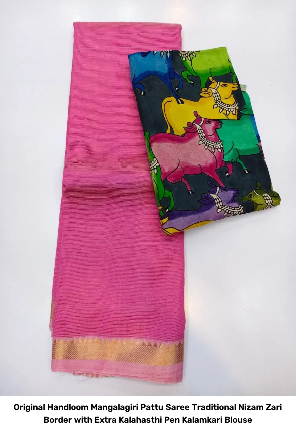 Original Handloom Mangalagiri Pattu Saree – Traditional Nizam Zari Border with Extra Kalahasthi Pen Kalamkari Blouse 6