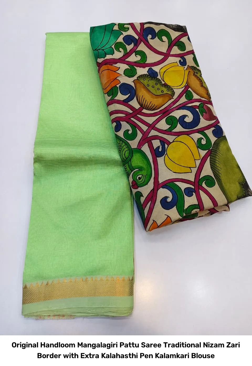 Original Handloom Mangalagiri Pattu Saree – Traditional Nizam Zari Border with Extra Kalahasthi Pen Kalamkari Blouse 7
