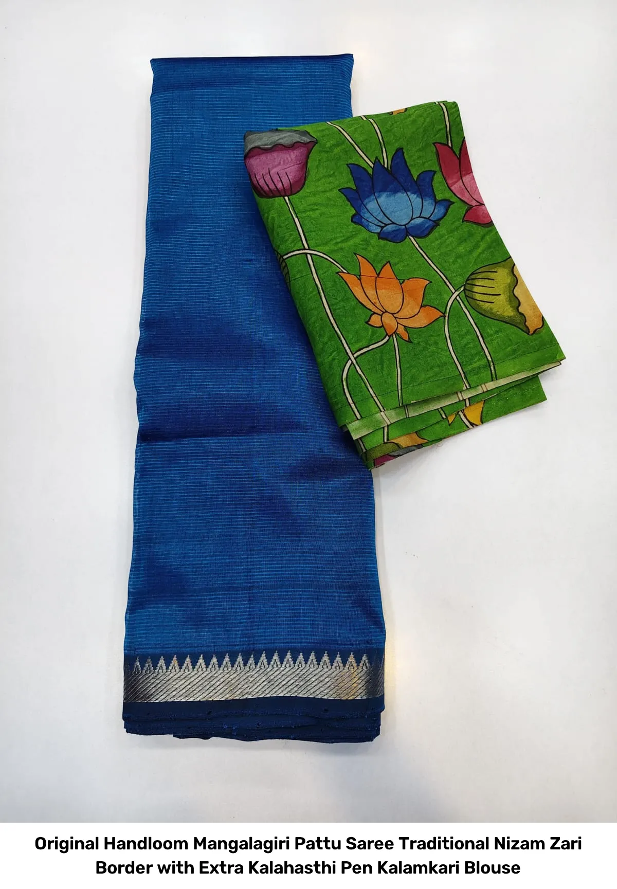 Original Handloom Mangalagiri Pattu Saree – Traditional Nizam Zari Border with Extra Kalahasthi Pen Kalamkari Blouse 8