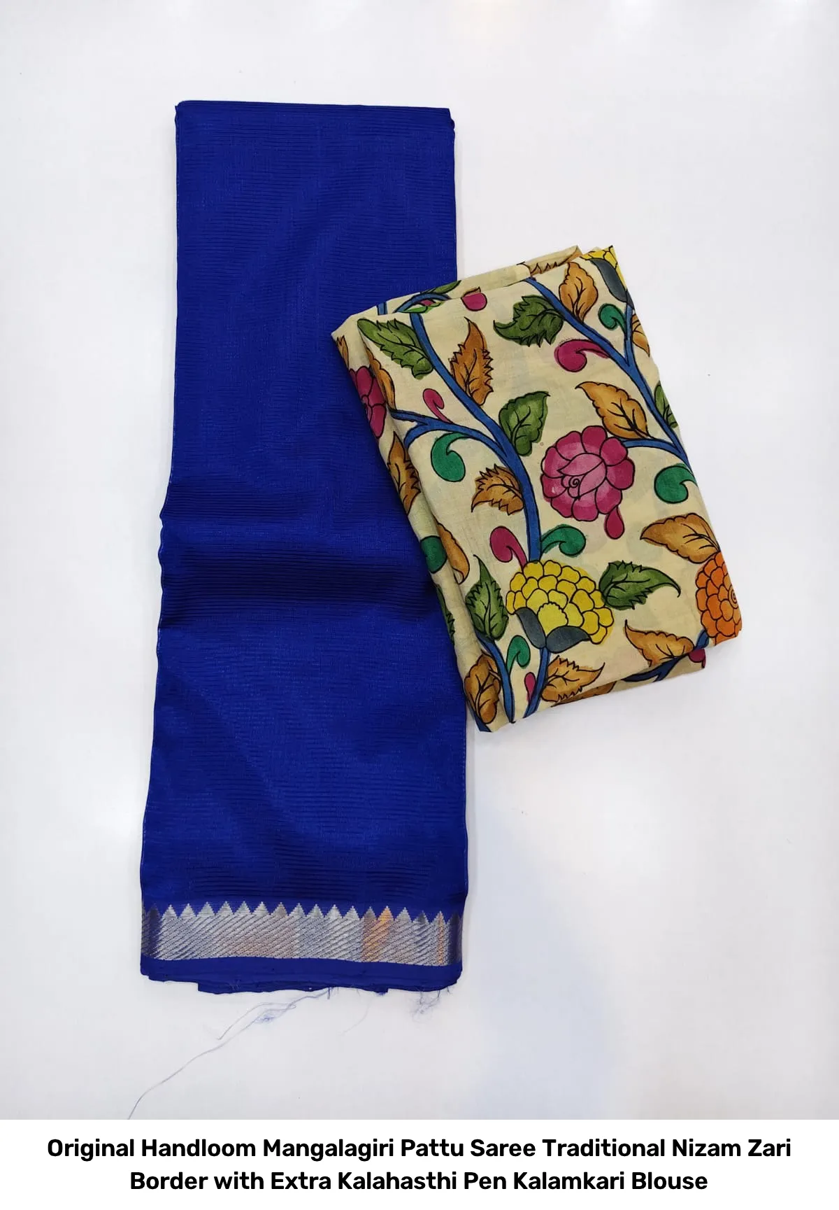 Original Handloom Mangalagiri Pattu Saree – Traditional Nizam Zari Border with Extra Kalahasthi Pen Kalamkari Blouse 9