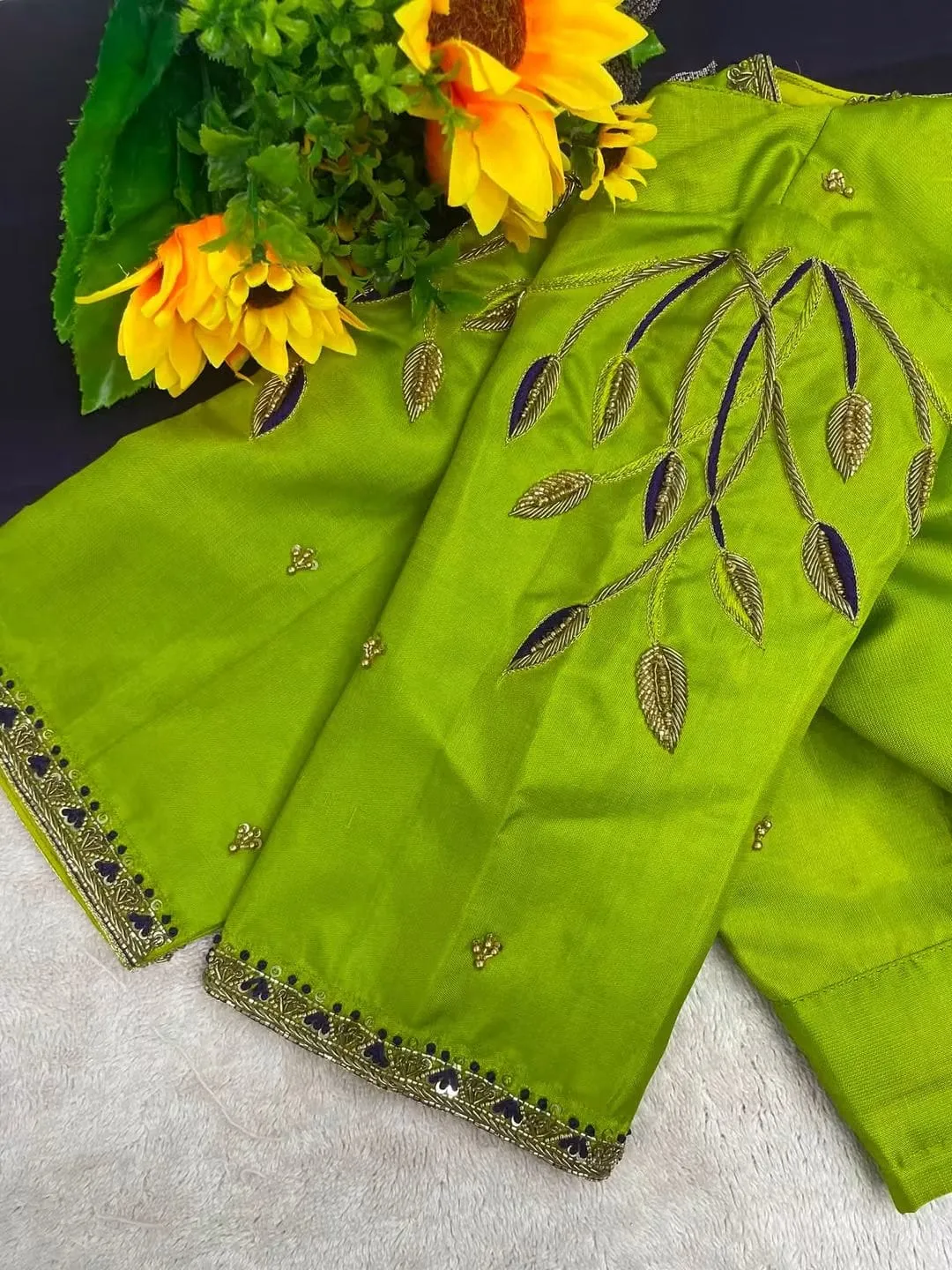 Parrot Green Silk Blouse with Teardrop Keyhole Back & Leaf Aari Embroidery