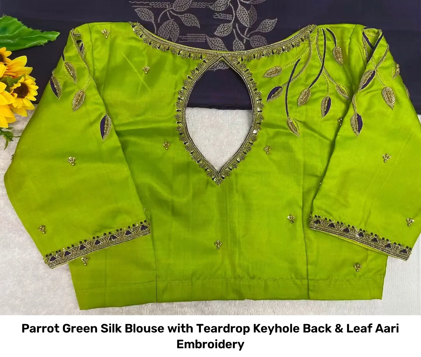 Parrot Green Silk Blouse with Teardrop Keyhole Back & Leaf Aari Embroidery 2