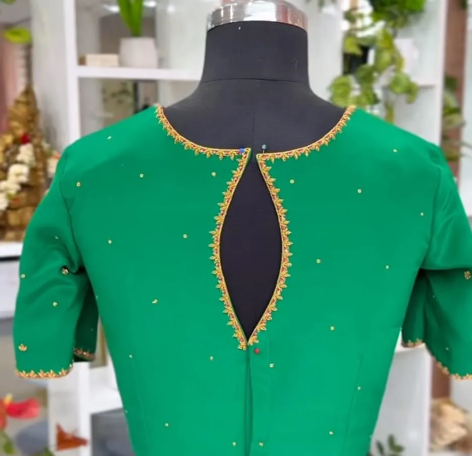 Parrot Green Silk Saree Blouse | Subtle Stone Booti Work & Elbow Sleeves