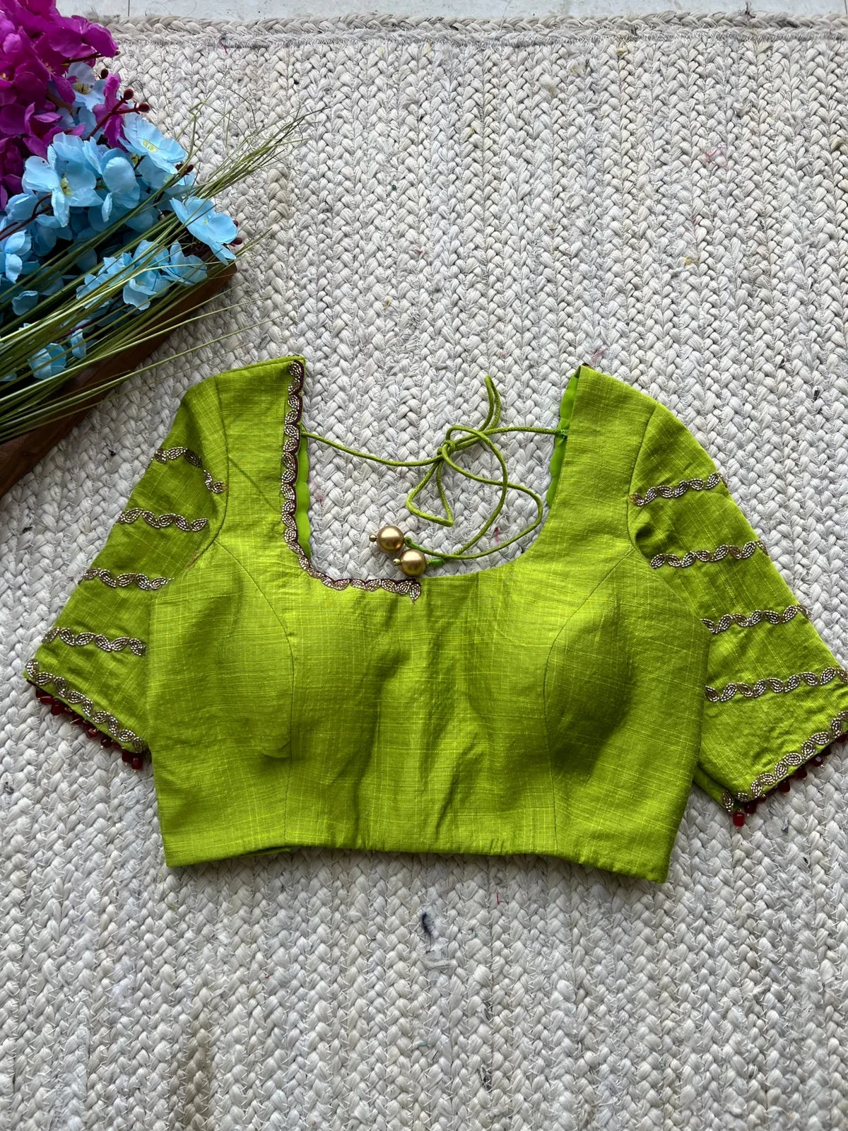 Parrot Green Silk Saree Blouse with Maggam Work | Scalloped Square Neck & Wavy Zardozi Beaded Sleeves