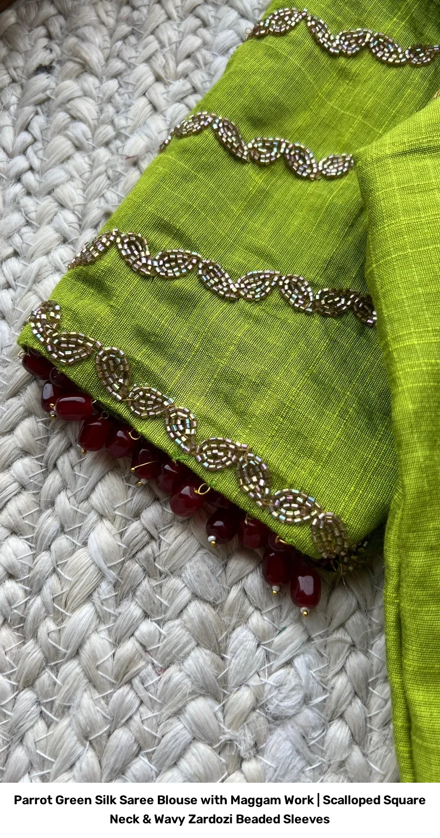Parrot Green Silk Saree Blouse with Maggam Work | Scalloped Square Neck & Wavy Zardozi Beaded Sleeves 2