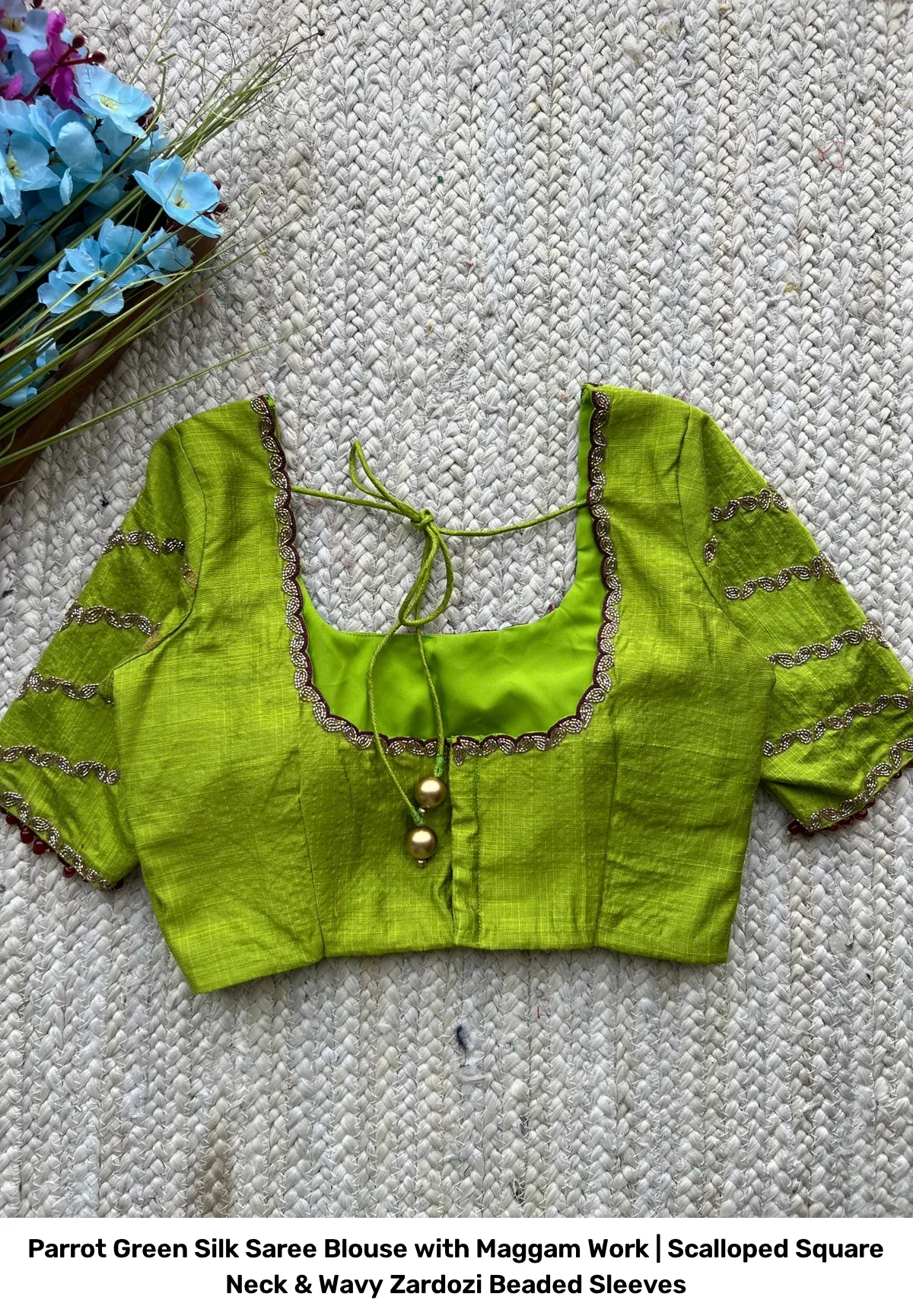 Parrot Green Silk Saree Blouse with Maggam Work | Scalloped Square Neck & Wavy Zardozi Beaded Sleeves 3
