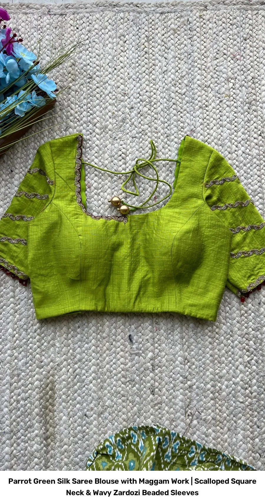 Parrot Green Silk Saree Blouse with Maggam Work | Scalloped Square Neck & Wavy Zardozi Beaded Sleeves 4
