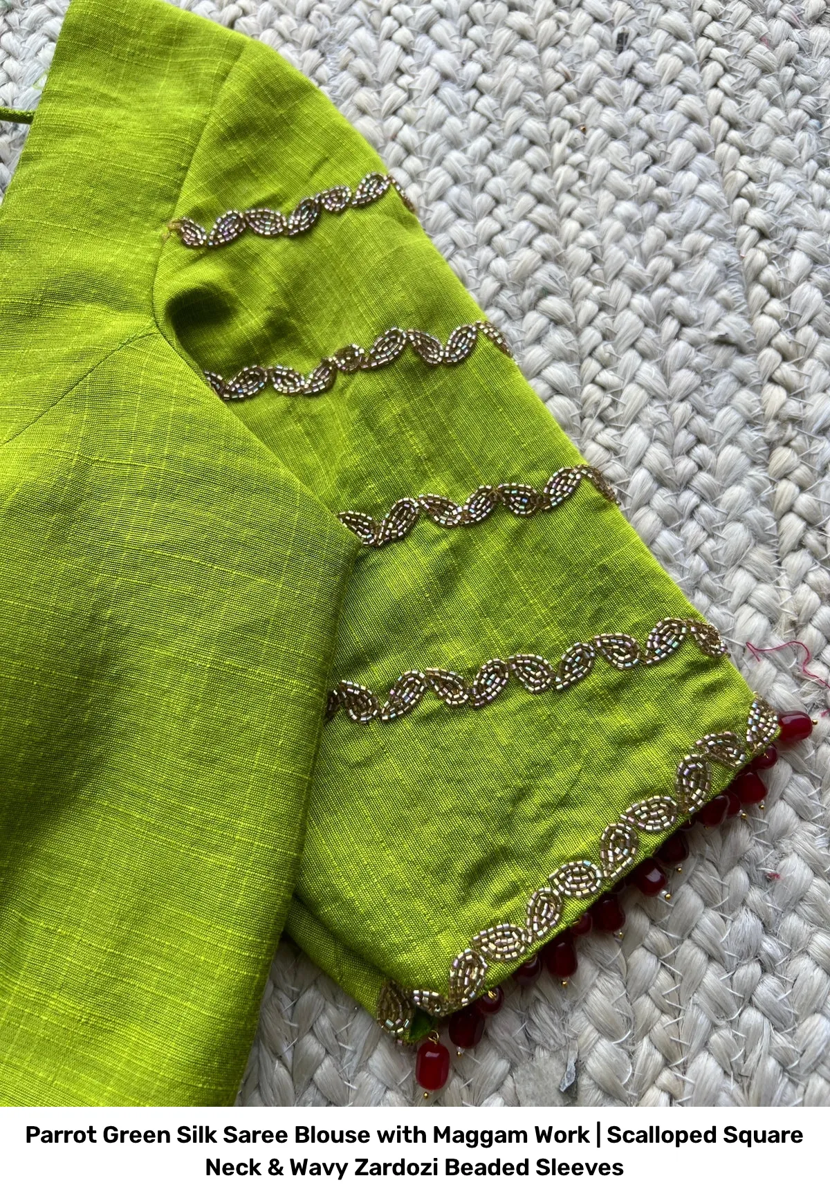 Parrot Green Silk Saree Blouse with Maggam Work | Scalloped Square Neck & Wavy Zardozi Beaded Sleeves 5