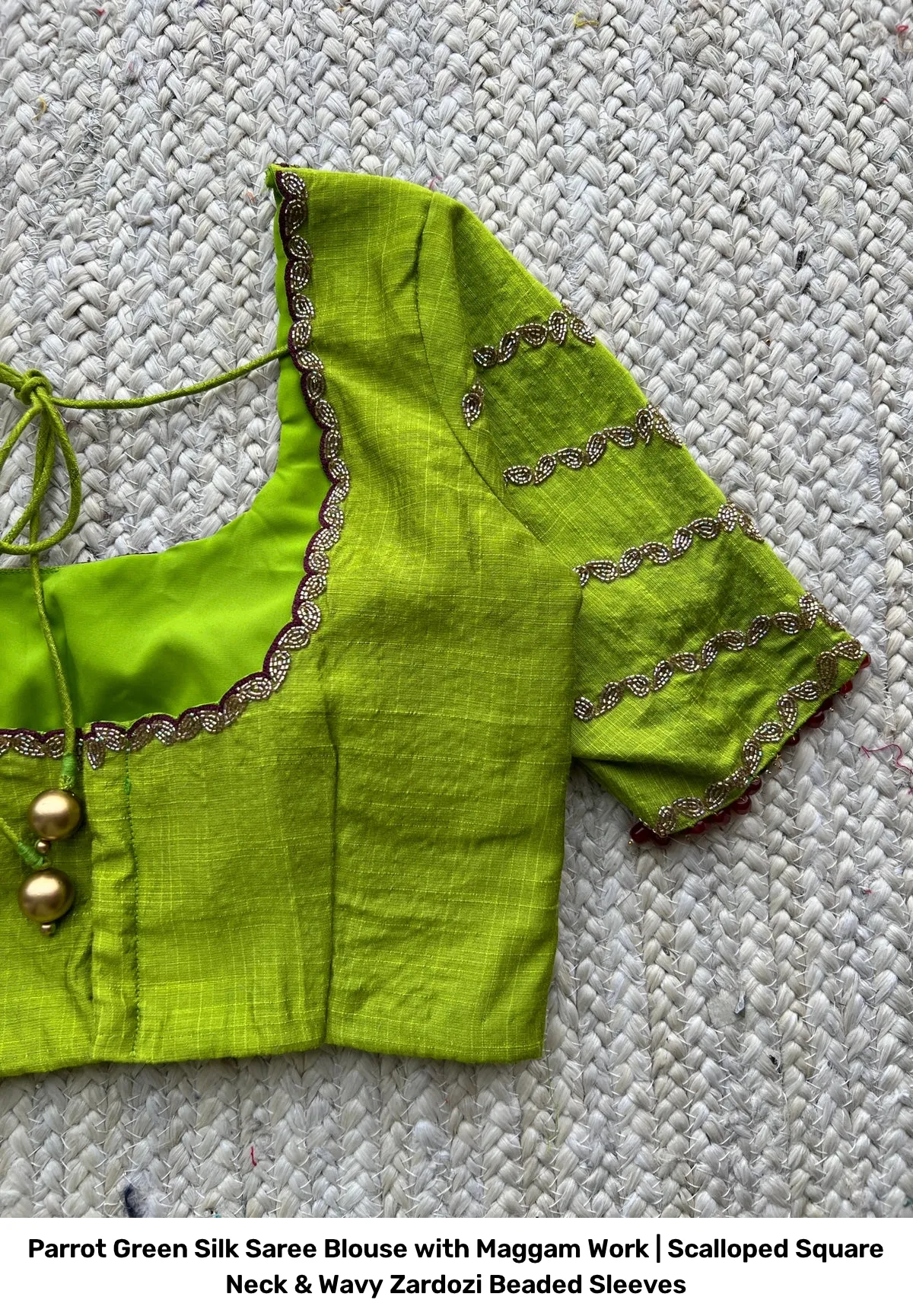 Parrot Green Silk Saree Blouse with Maggam Work | Scalloped Square Neck & Wavy Zardozi Beaded Sleeves 6