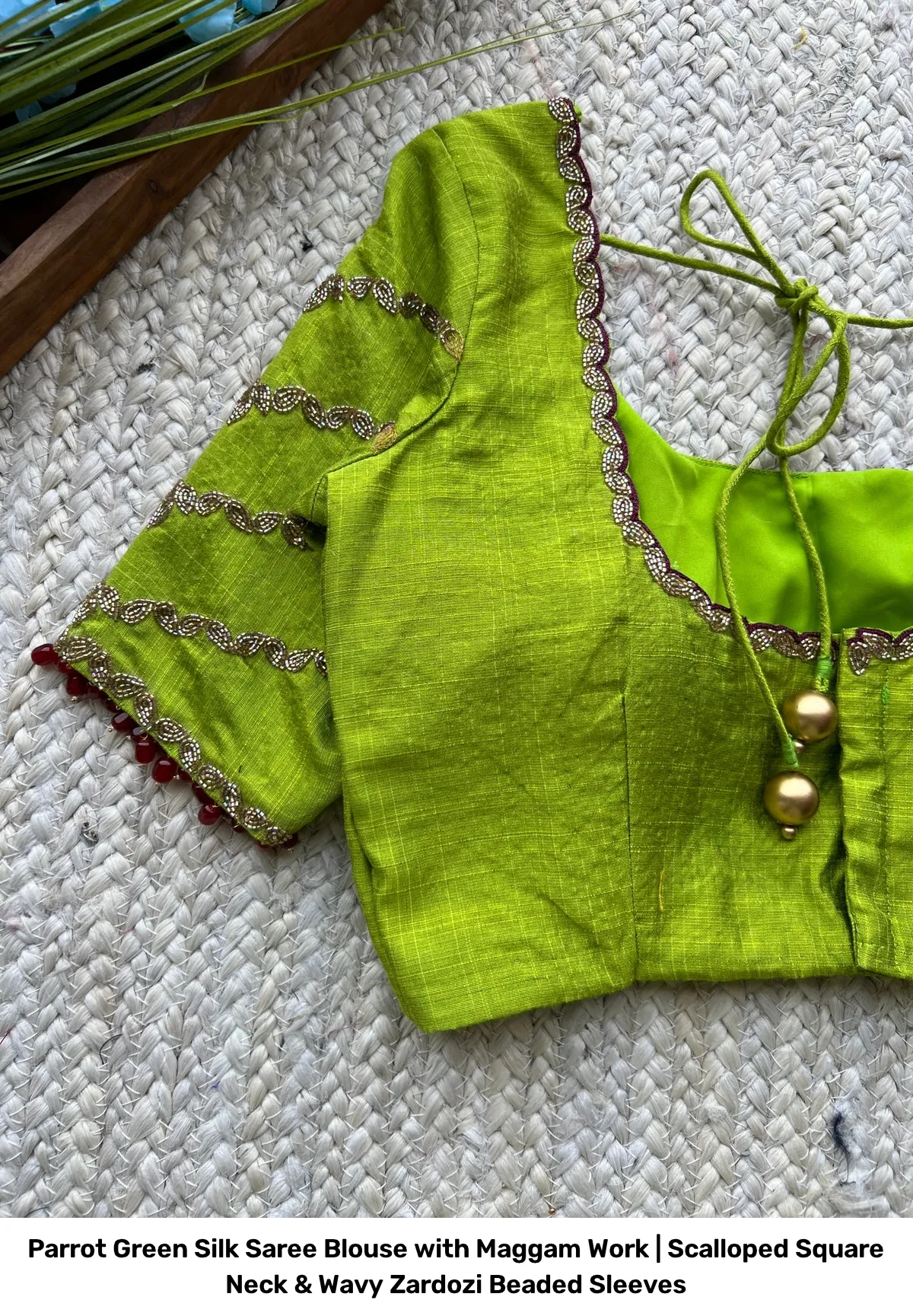 Parrot Green Silk Saree Blouse with Maggam Work | Scalloped Square Neck & Wavy Zardozi Beaded Sleeves 7