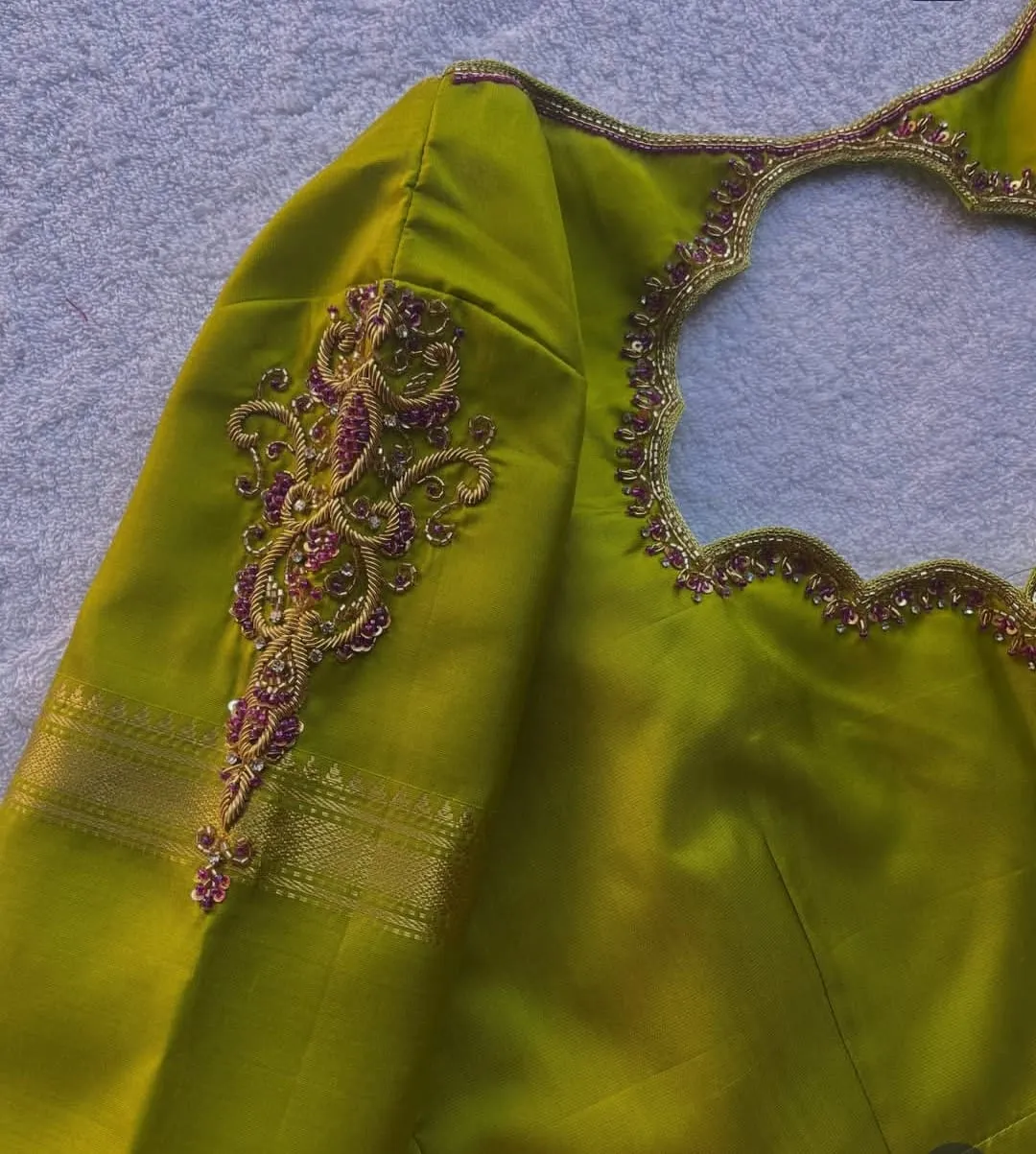 Parrot Green Silk Saree Blouse with Scalloped Keyhole Back & Magenta Maggam Work