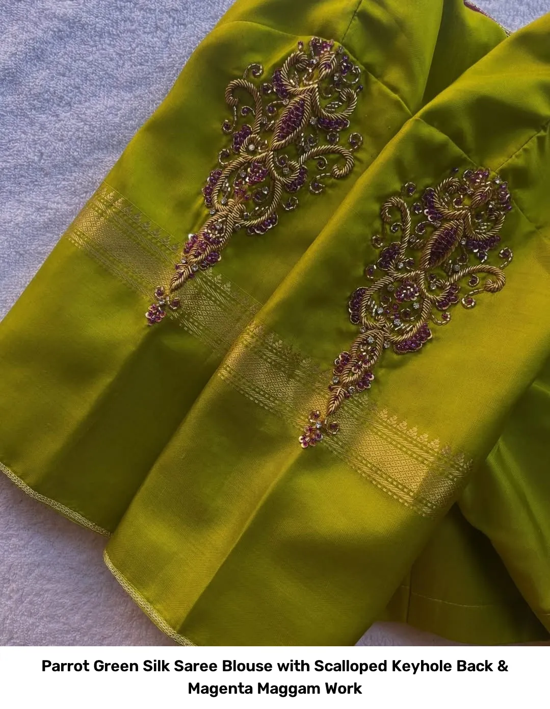 Parrot Green Silk Saree Blouse with Scalloped Keyhole Back & Magenta Maggam Work 2