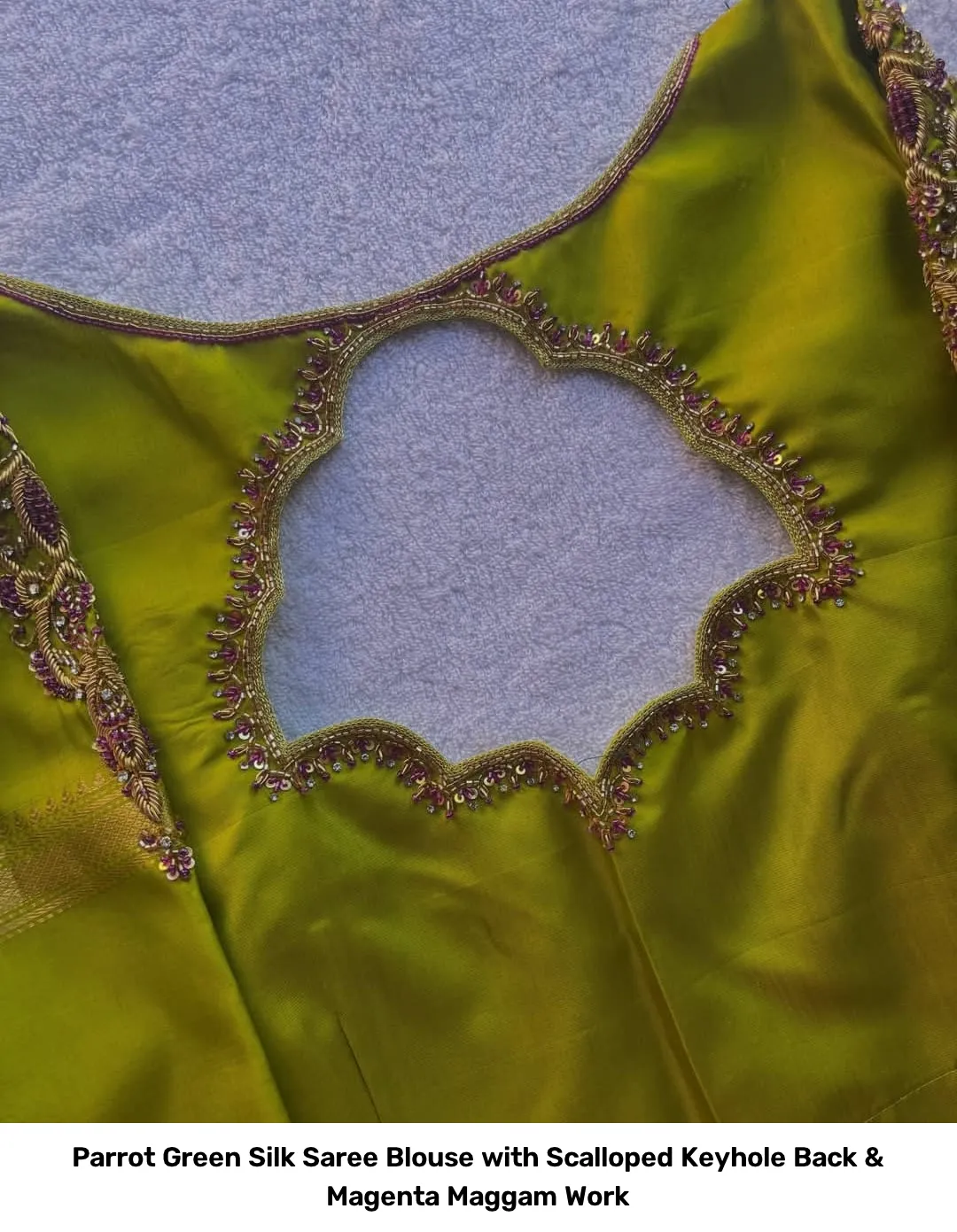Parrot Green Silk Saree Blouse with Scalloped Keyhole Back & Magenta Maggam Work 3