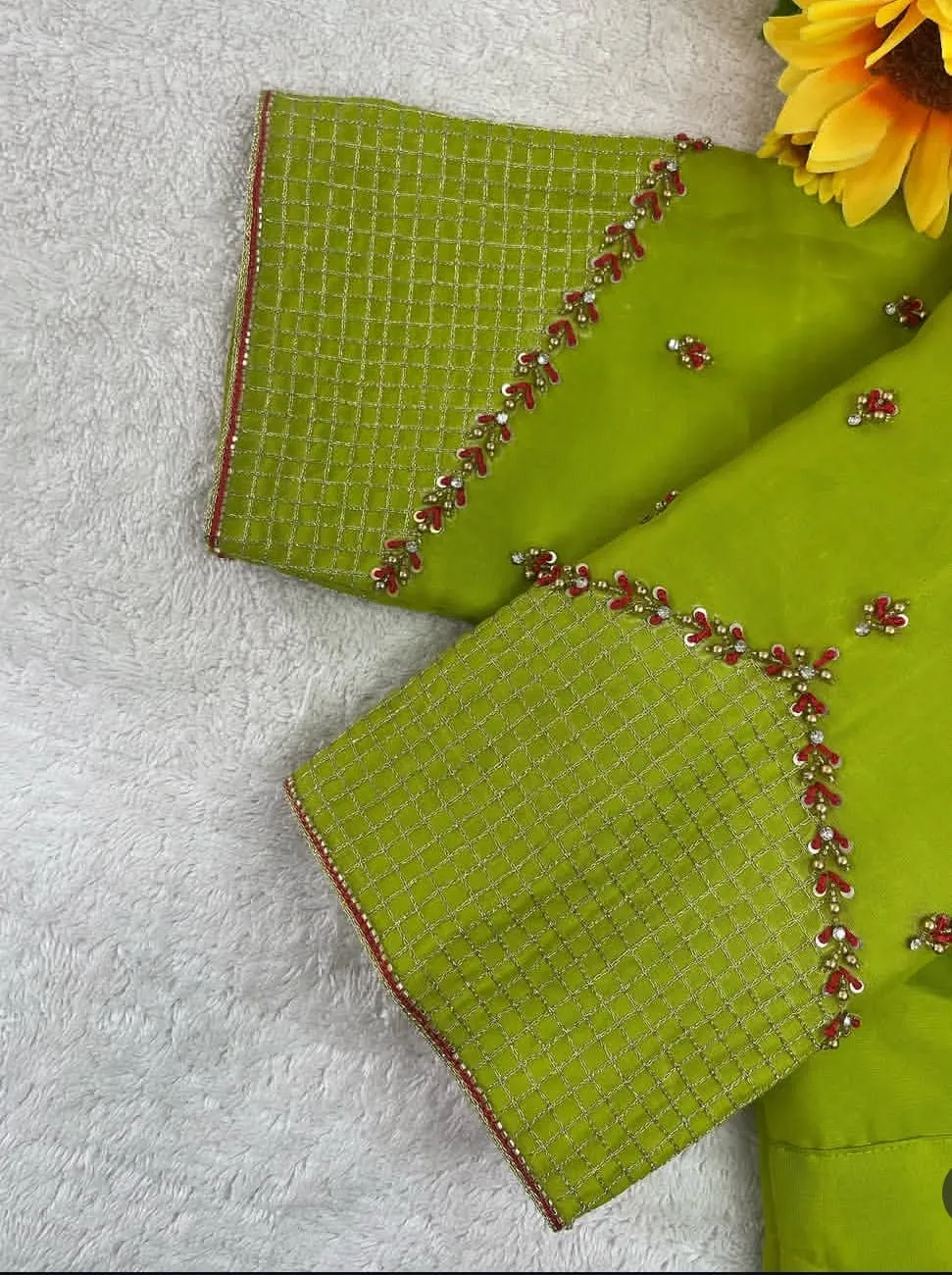 Parrot Green Silk Saree Blouse with Teardrop Keyhole Back & Zari Check Sleeves
