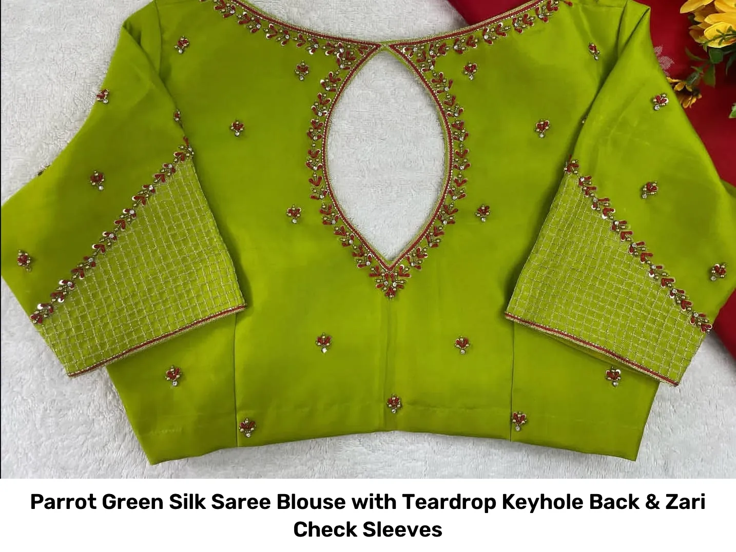 Parrot Green Silk Saree Blouse with Teardrop Keyhole Back & Zari Check Sleeves 2