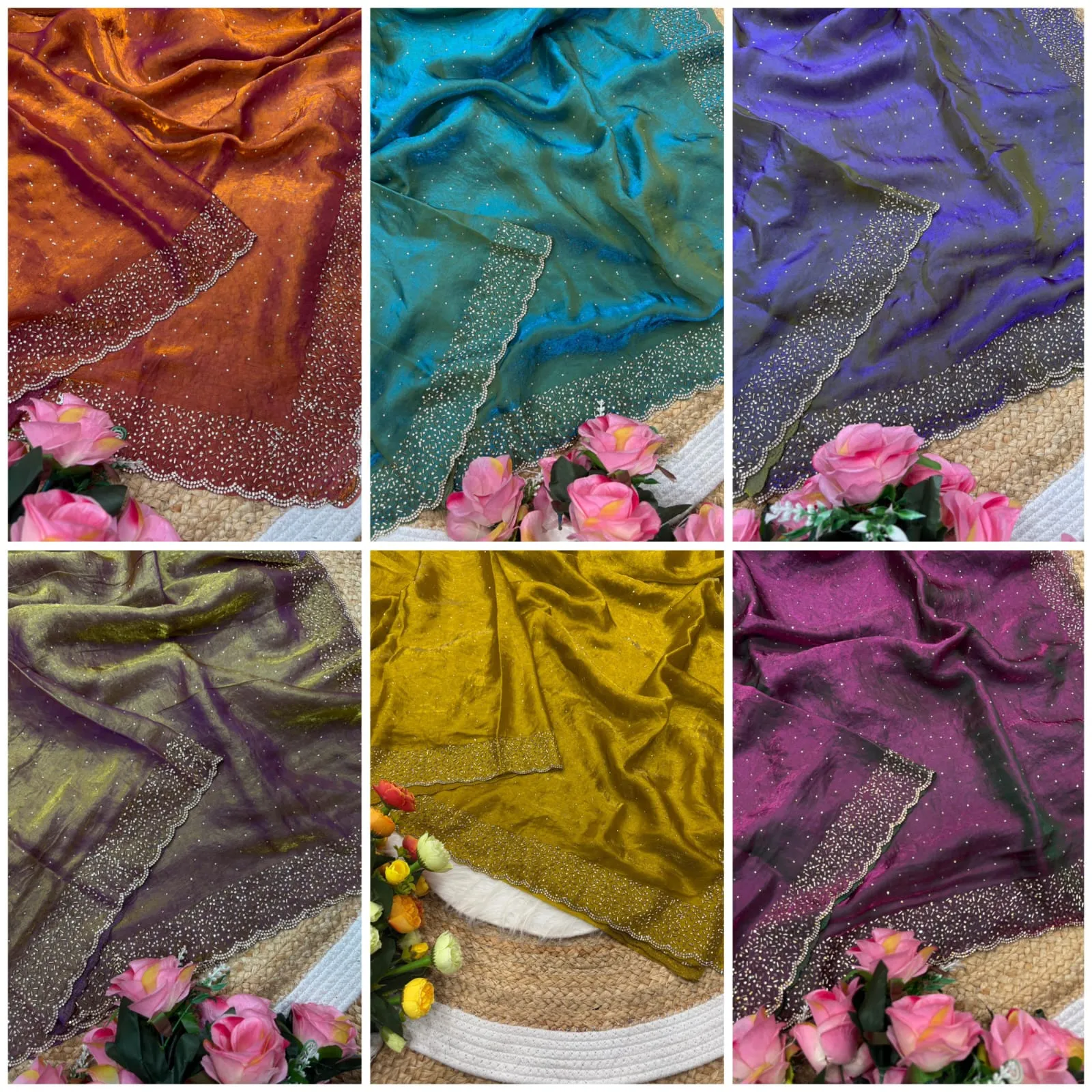 Party Wear Crush Space Silk Saree with All-Over Zarcon Stone Work & Cutwork Border - 5.5Mtr with Blouse Piece 1