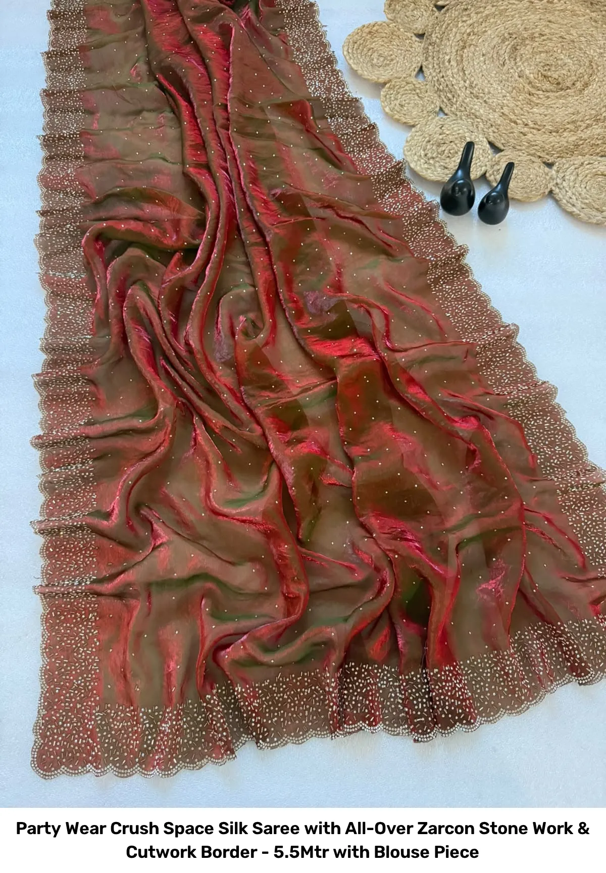 Party Wear Crush Space Silk Saree with All-Over Zarcon Stone Work & Cutwork Border - 5.5Mtr with Blouse Piece 11