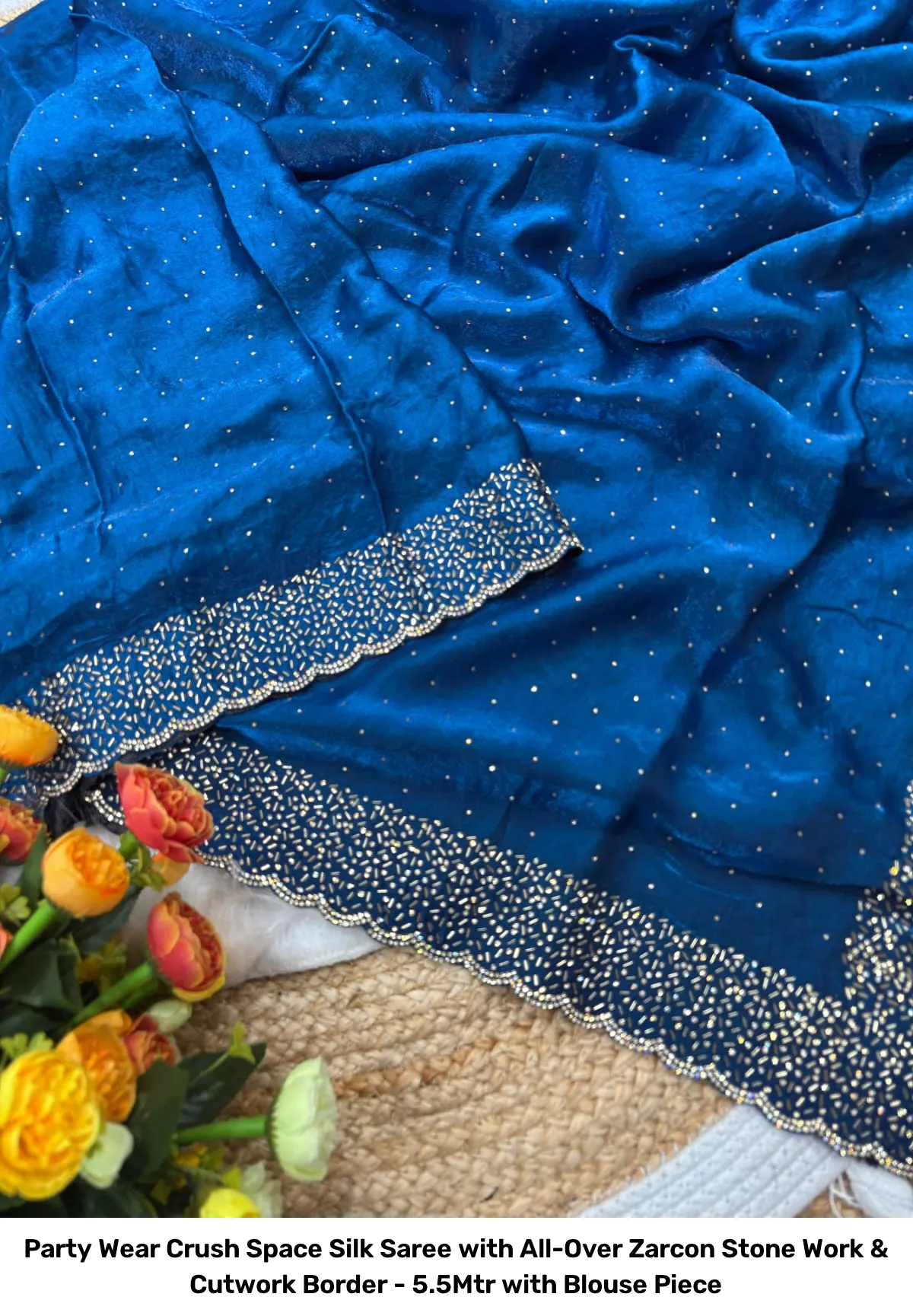 Party Wear Crush Space Silk Saree with All-Over Zarcon Stone Work & Cutwork Border - 5.5Mtr with Blouse Piece 12