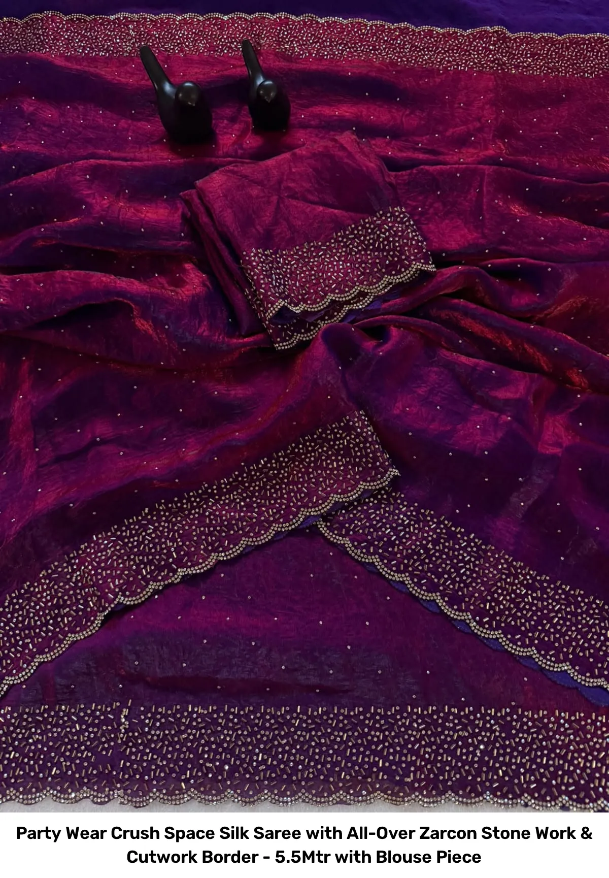 Party Wear Crush Space Silk Saree with All-Over Zarcon Stone Work & Cutwork Border - 5.5Mtr with Blouse Piece 13