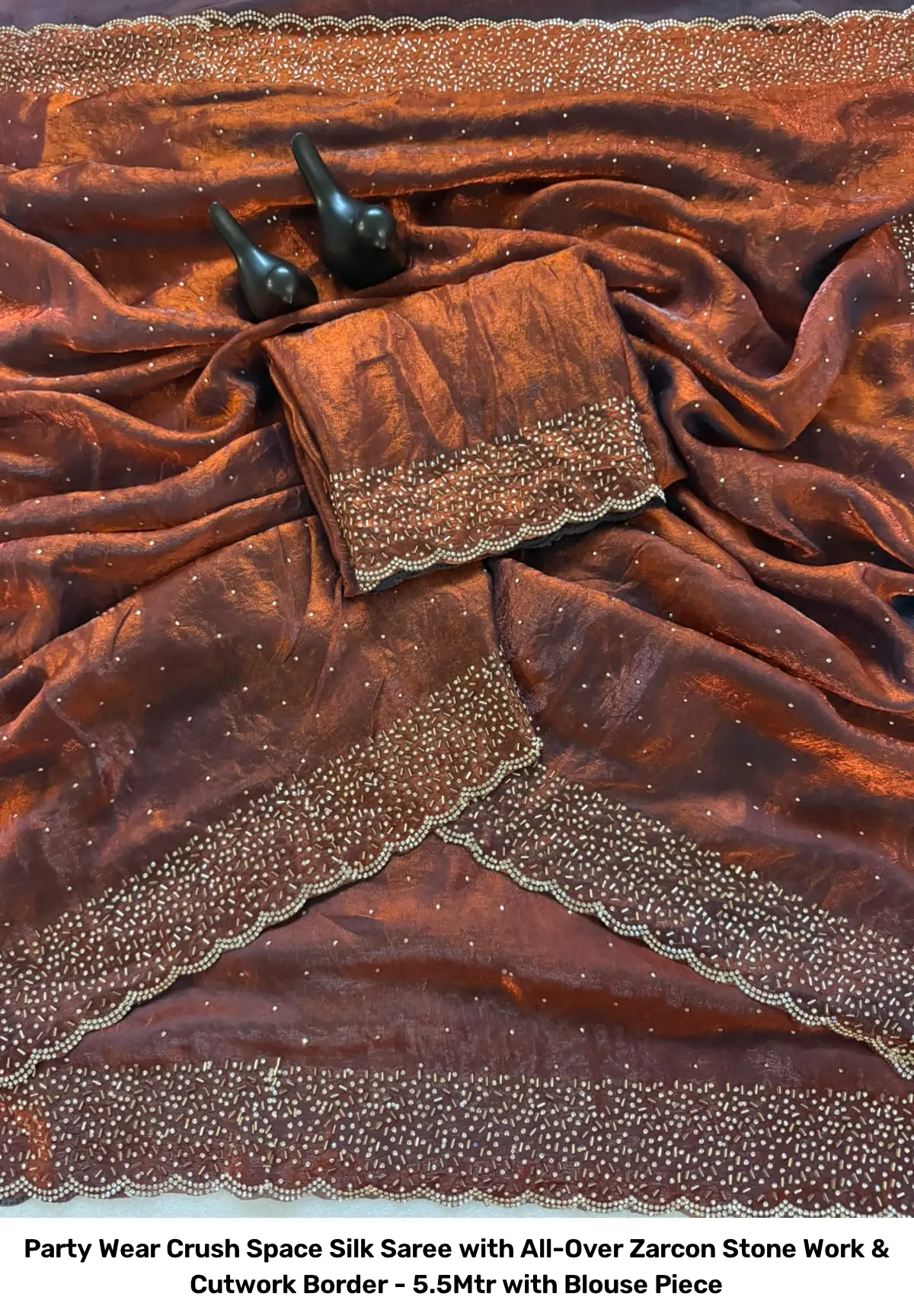 Party Wear Crush Space Silk Saree with All-Over Zarcon Stone Work & Cutwork Border - 5.5Mtr with Blouse Piece 14