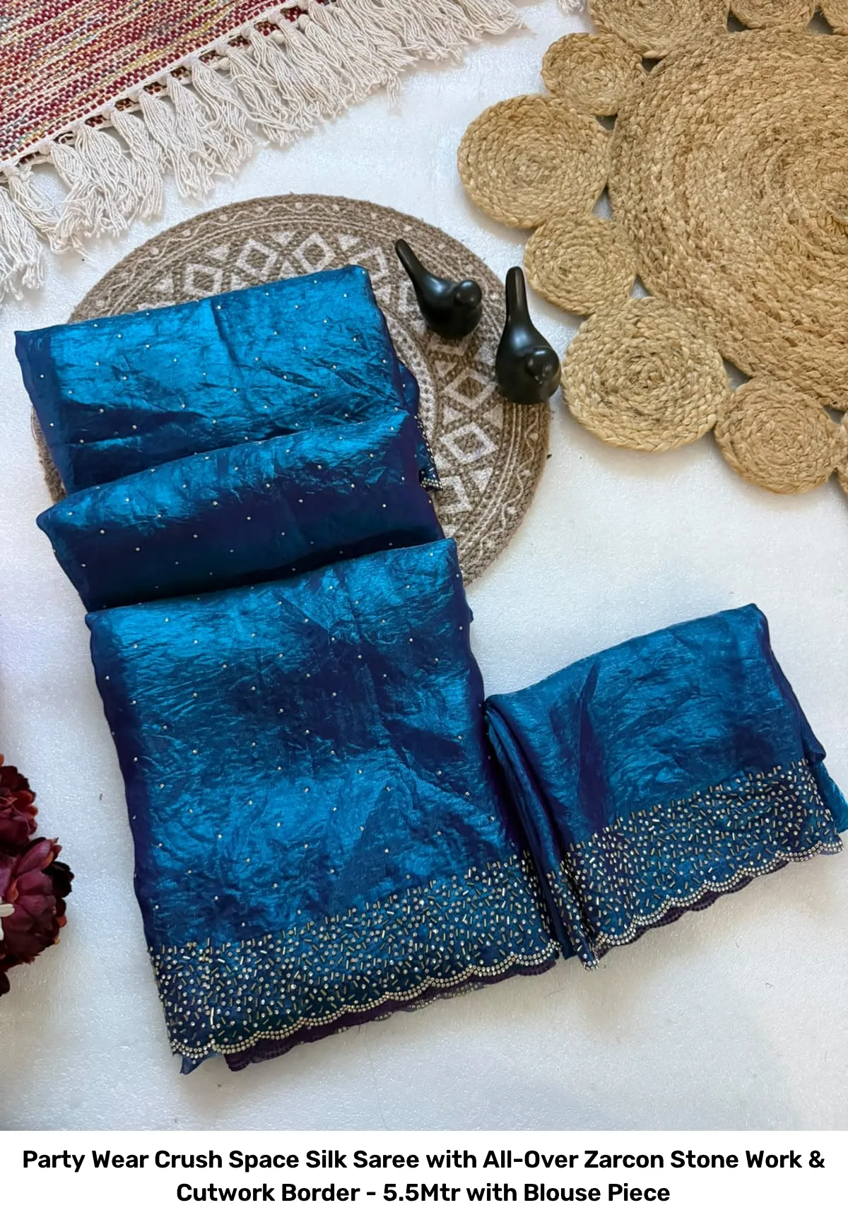 Party Wear Crush Space Silk Saree with All-Over Zarcon Stone Work & Cutwork Border - 5.5Mtr with Blouse Piece 15
