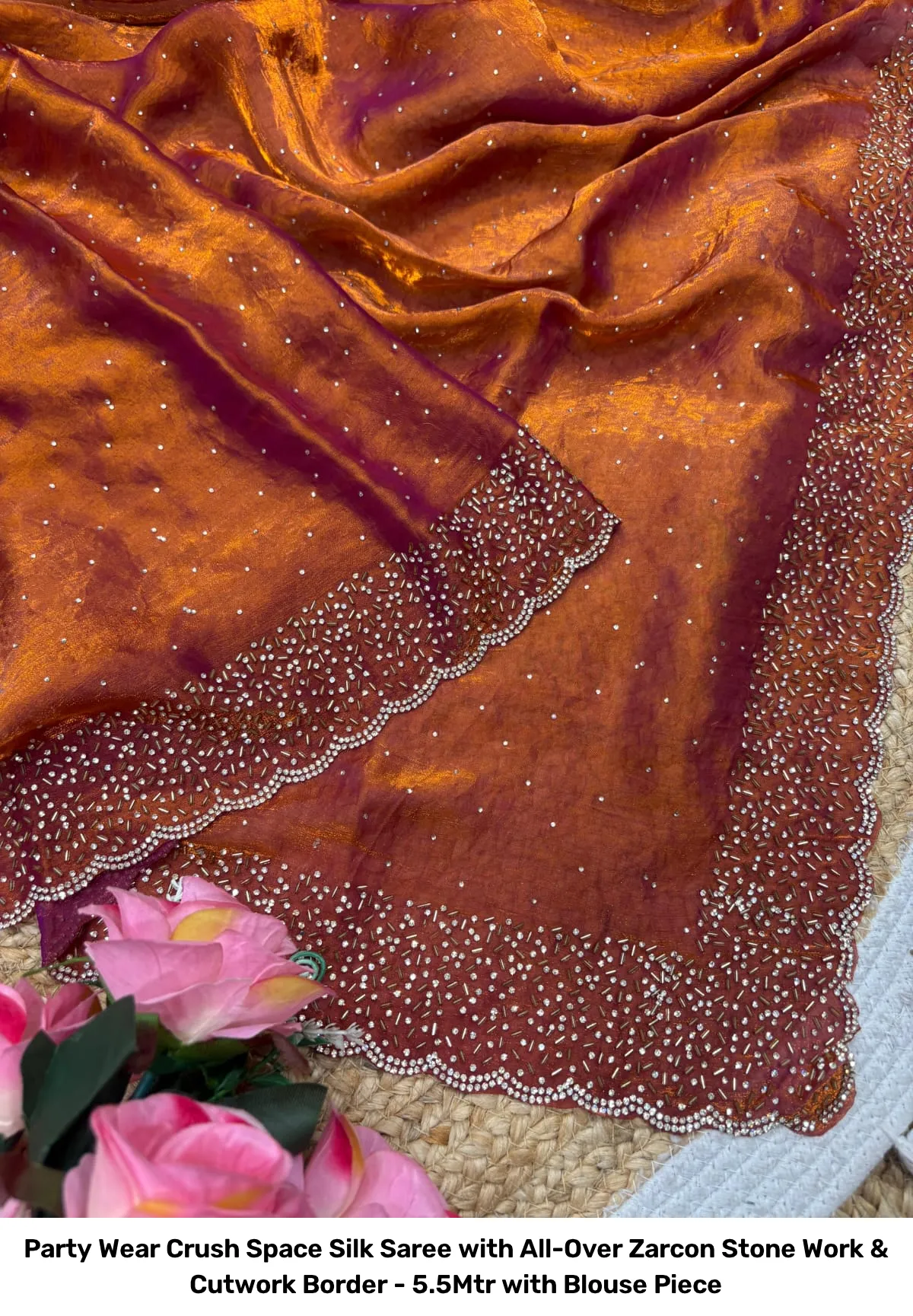 Party Wear Crush Space Silk Saree with All-Over Zarcon Stone Work & Cutwork Border - 5.5Mtr with Blouse Piece 16