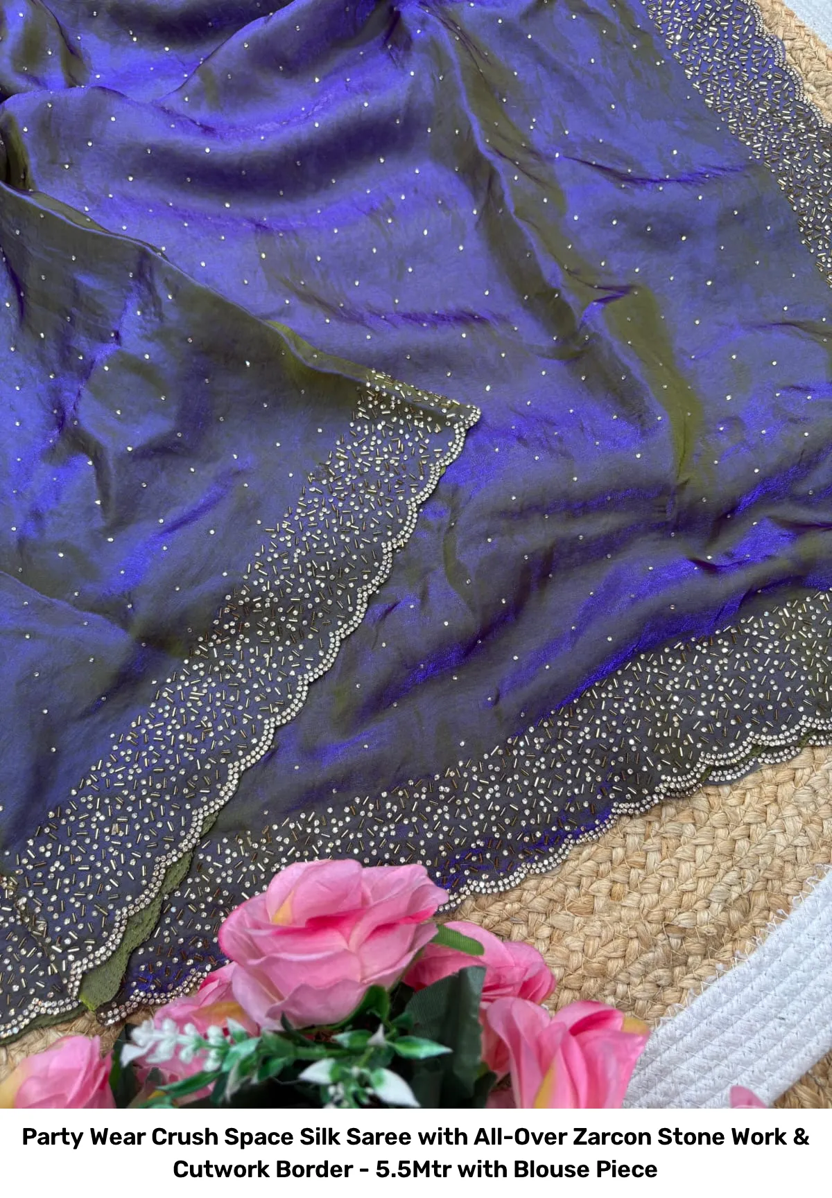 Party Wear Crush Space Silk Saree with All-Over Zarcon Stone Work & Cutwork Border - 5.5Mtr with Blouse Piece 18