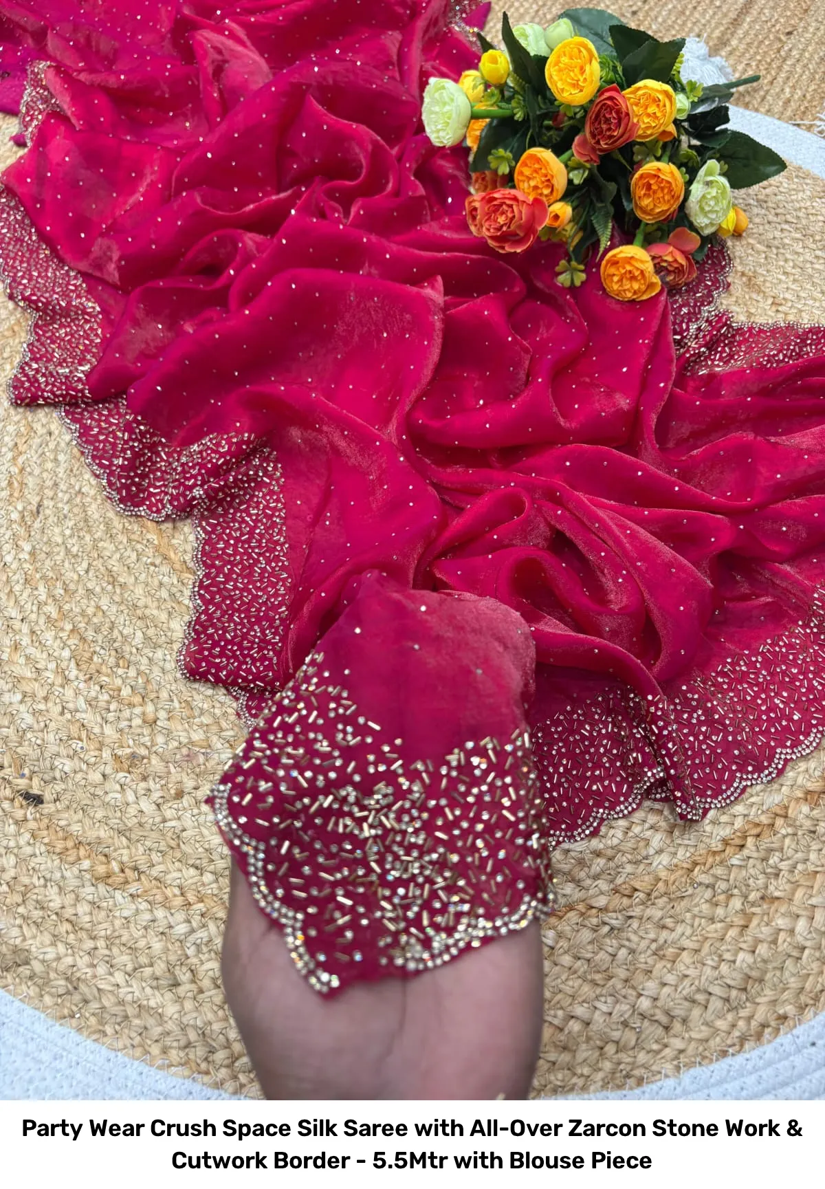 Party Wear Crush Space Silk Saree with All-Over Zarcon Stone Work & Cutwork Border - 5.5Mtr with Blouse Piece 19