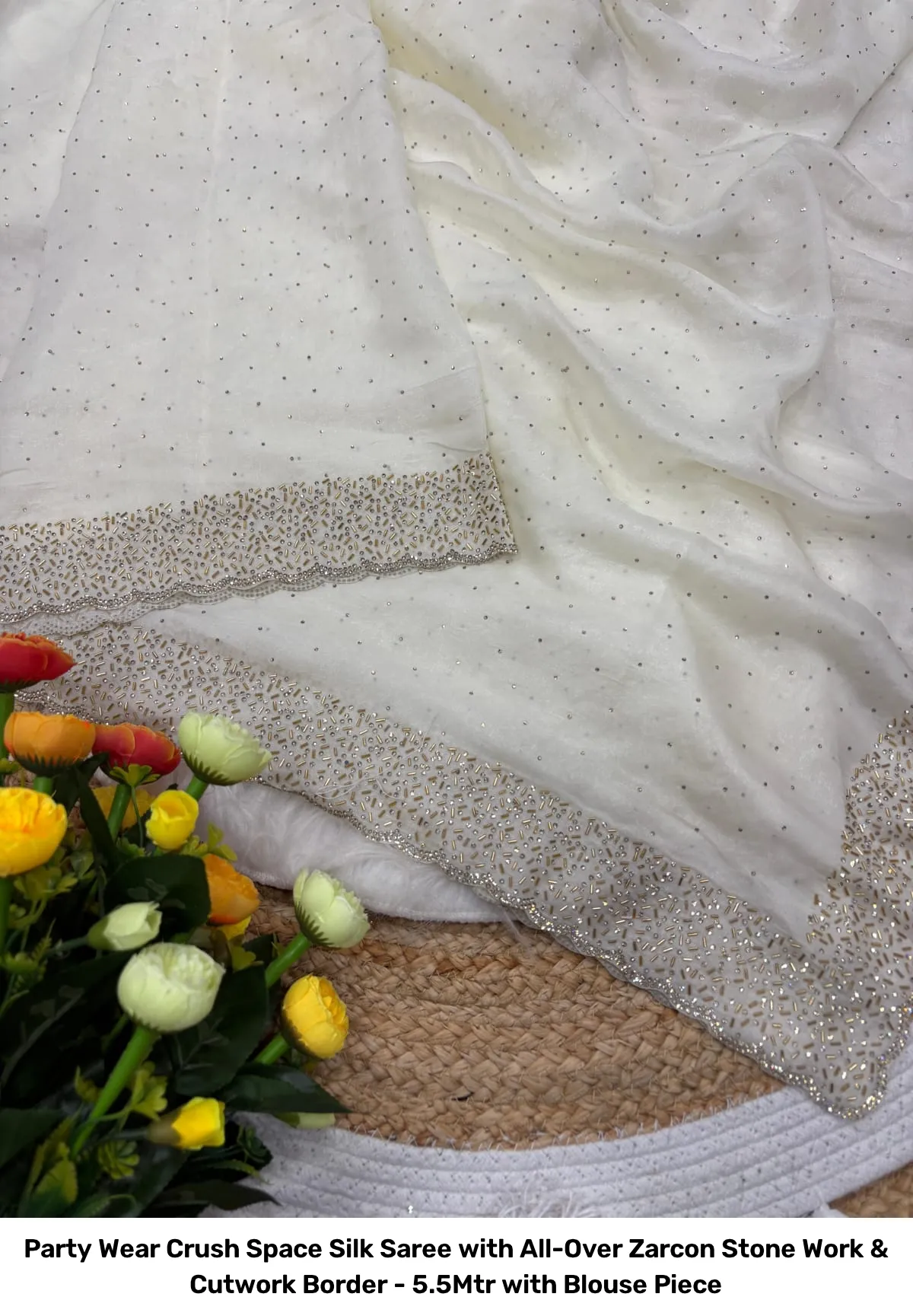 Party Wear Crush Space Silk Saree with All-Over Zarcon Stone Work & Cutwork Border - 5.5Mtr with Blouse Piece 21