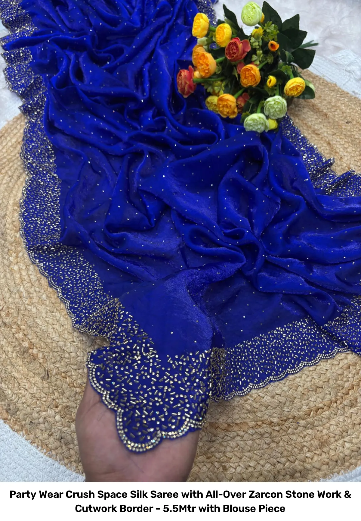 Party Wear Crush Space Silk Saree with All-Over Zarcon Stone Work & Cutwork Border - 5.5Mtr with Blouse Piece 3