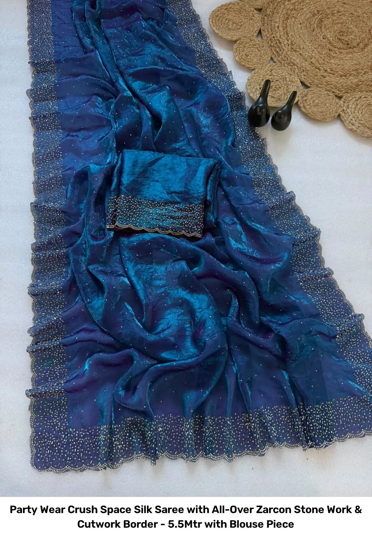 Party Wear Crush Space Silk Saree with All-Over Zarcon Stone Work & Cutwork Border - 5.5Mtr with Blouse Piece 5