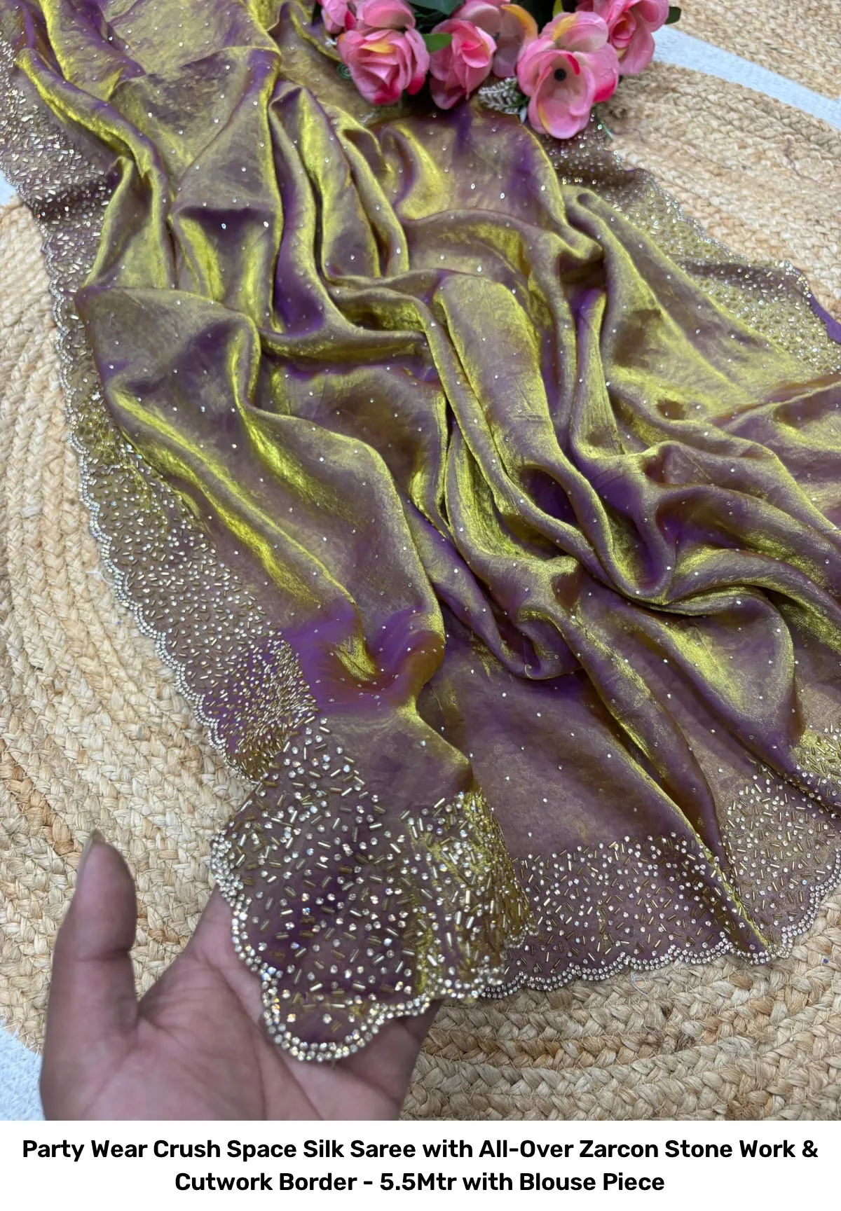 Party Wear Crush Space Silk Saree with All-Over Zarcon Stone Work & Cutwork Border - 5.5Mtr with Blouse Piece 7