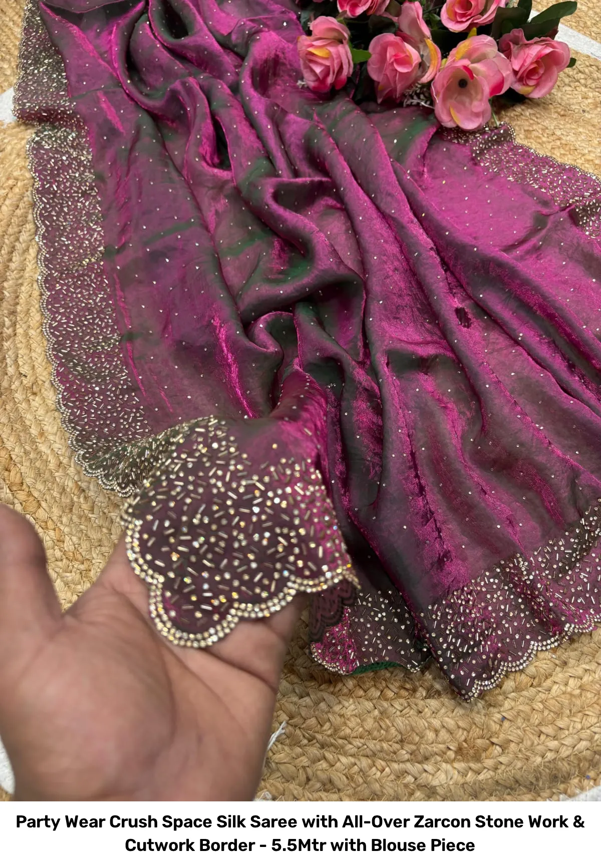 Party Wear Crush Space Silk Saree with All-Over Zarcon Stone Work & Cutwork Border - 5.5Mtr with Blouse Piece 8