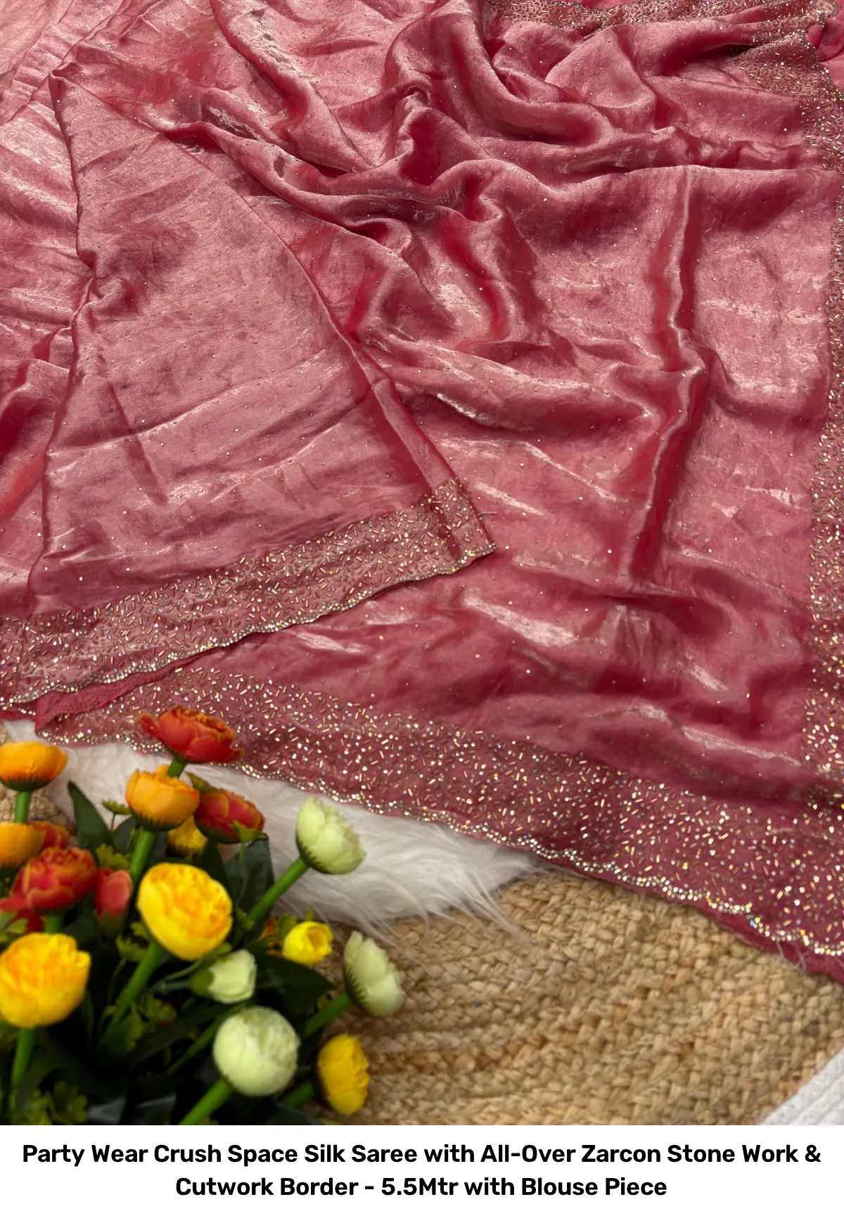 Party Wear Crush Space Silk Saree with All-Over Zarcon Stone Work & Cutwork Border - 5.5Mtr with Blouse Piece 9