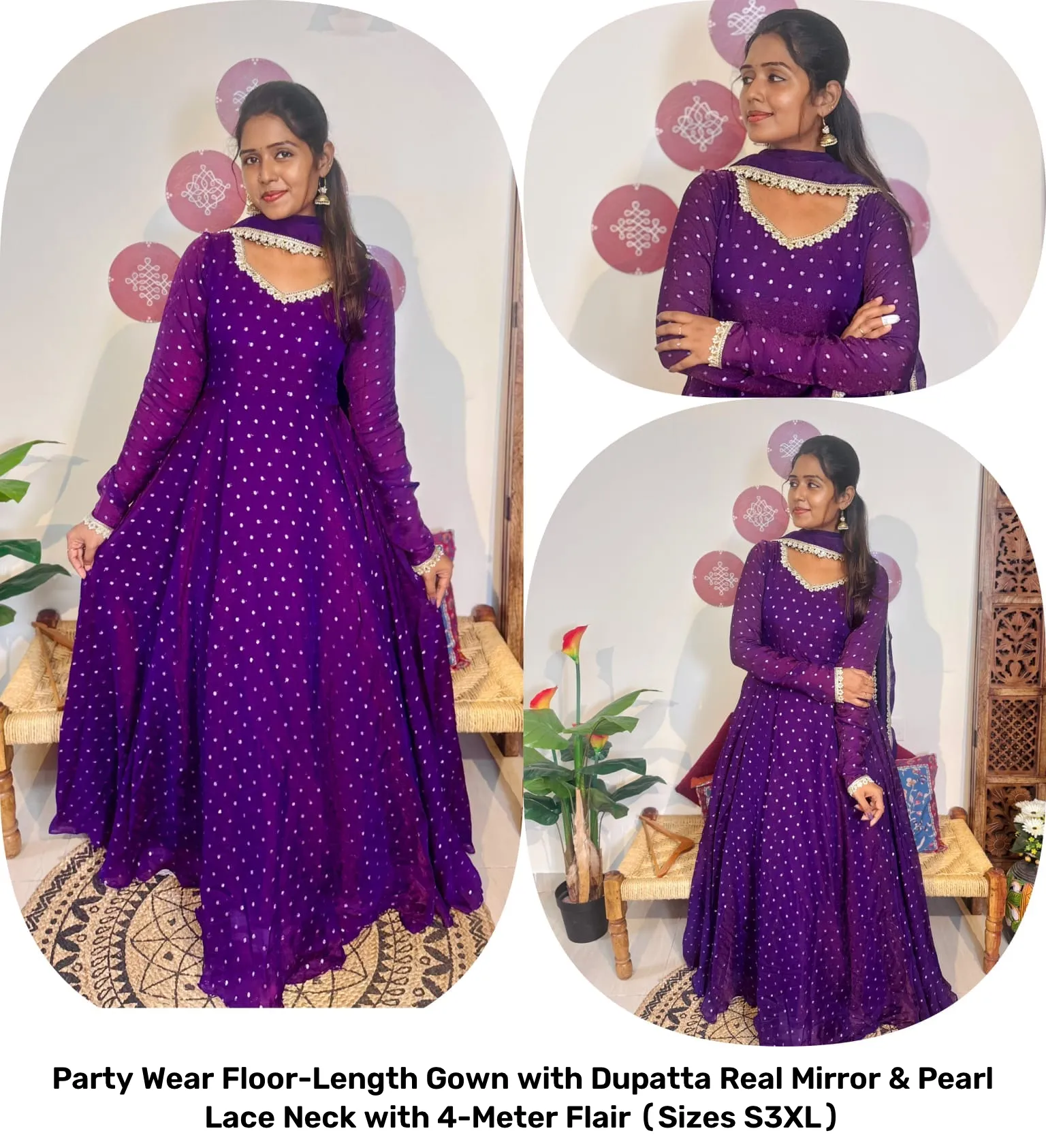 Party Wear Floor-Length Gown with Dupatta – Real Mirror & Pearl Lace Neck with 4-Meter Flair (Sizes S–3XL) 10
