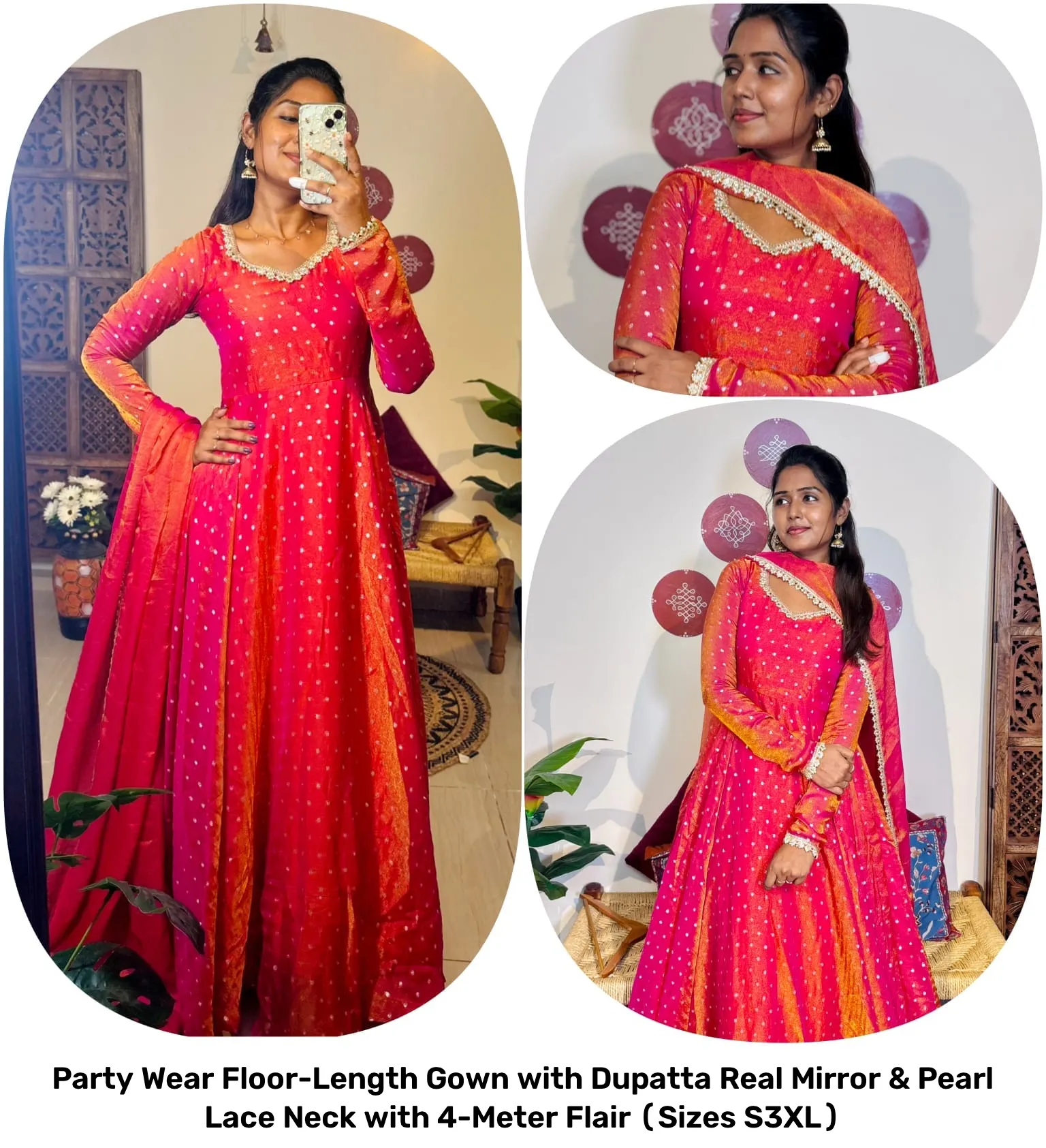 Party Wear Floor-Length Gown with Dupatta – Real Mirror & Pearl Lace Neck with 4-Meter Flair (Sizes S–3XL) 11