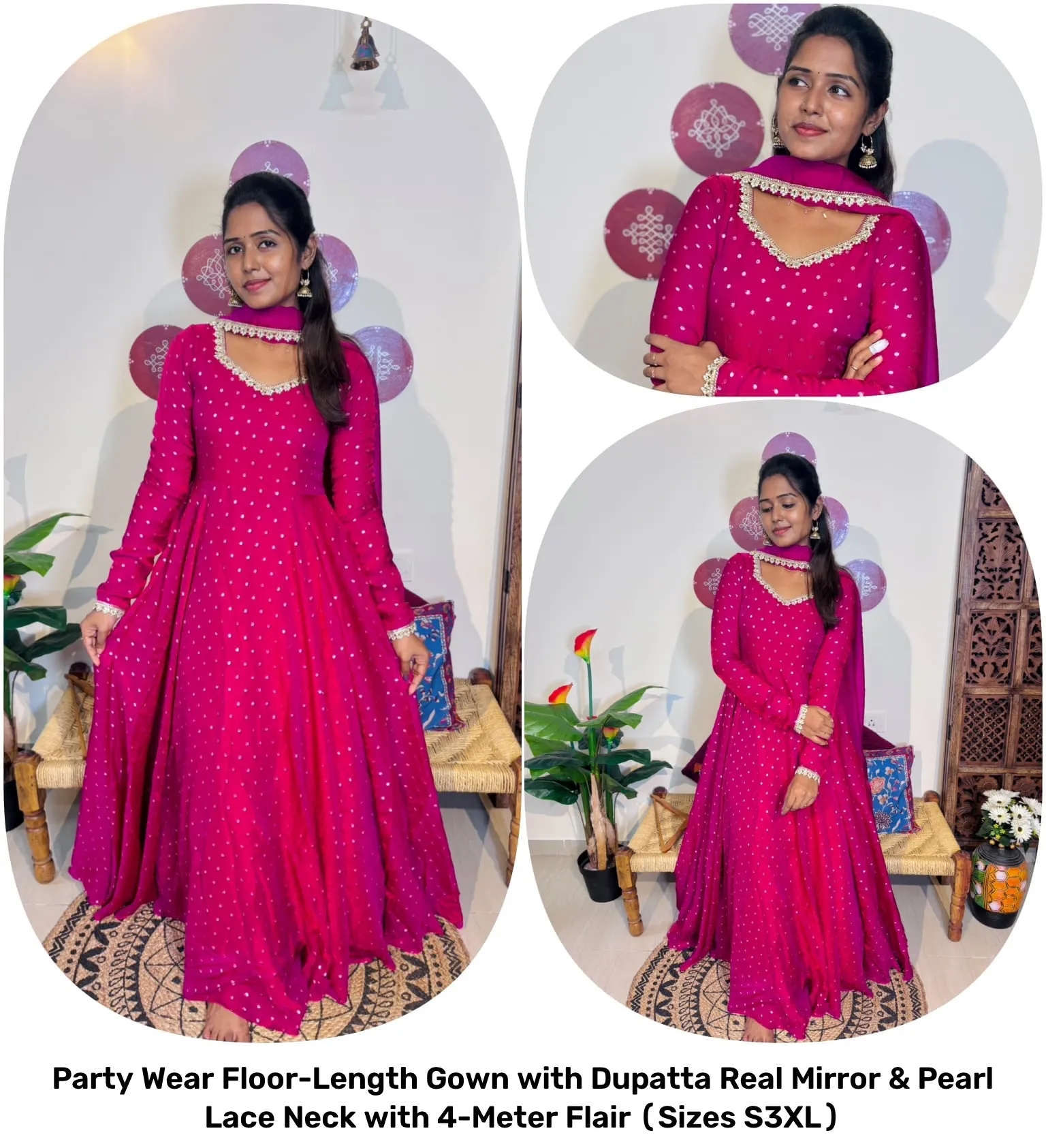 Party Wear Floor-Length Gown with Dupatta – Real Mirror & Pearl Lace Neck with 4-Meter Flair (Sizes S–3XL) 13